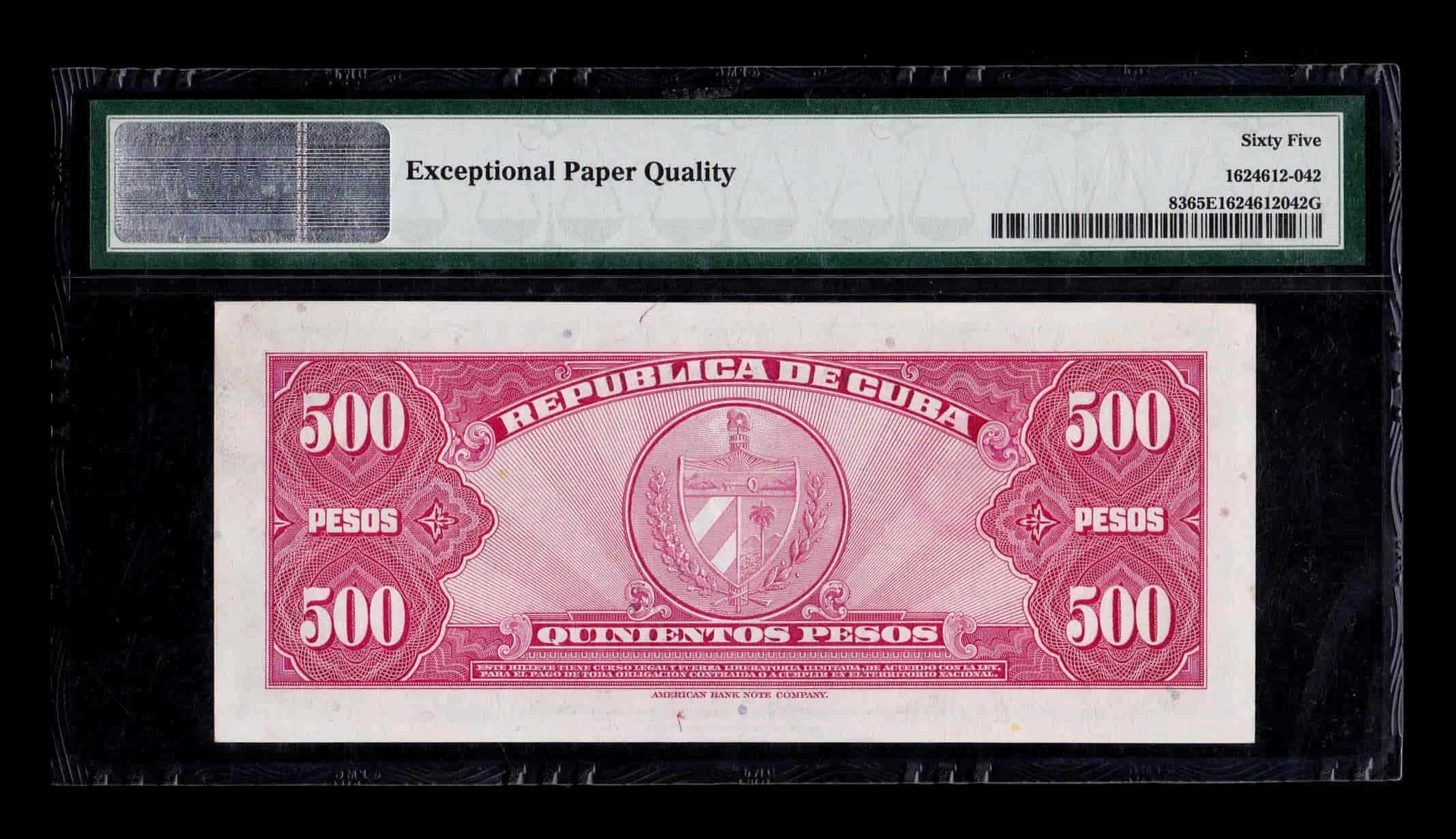 Alternative view of Cuba 500 Pesos Salvador Cisneros 1950 Pick 83 PMG 65 EPQ Sc Unc