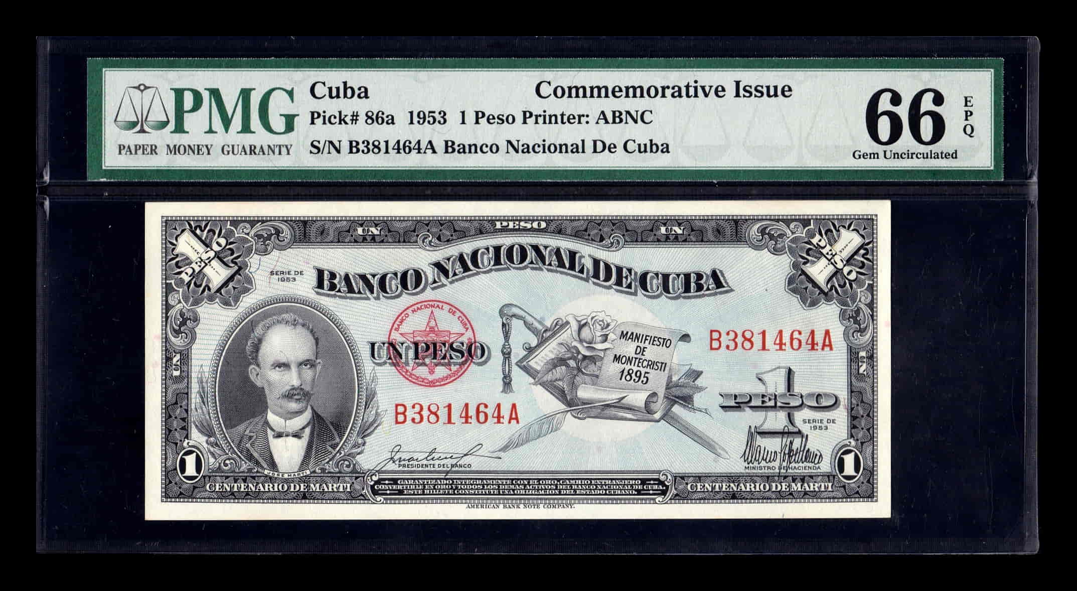 Cuba 1 Peso Conmemorativo José Martí 1953 Pick 86 PMG 66 EPQ Sc Unc