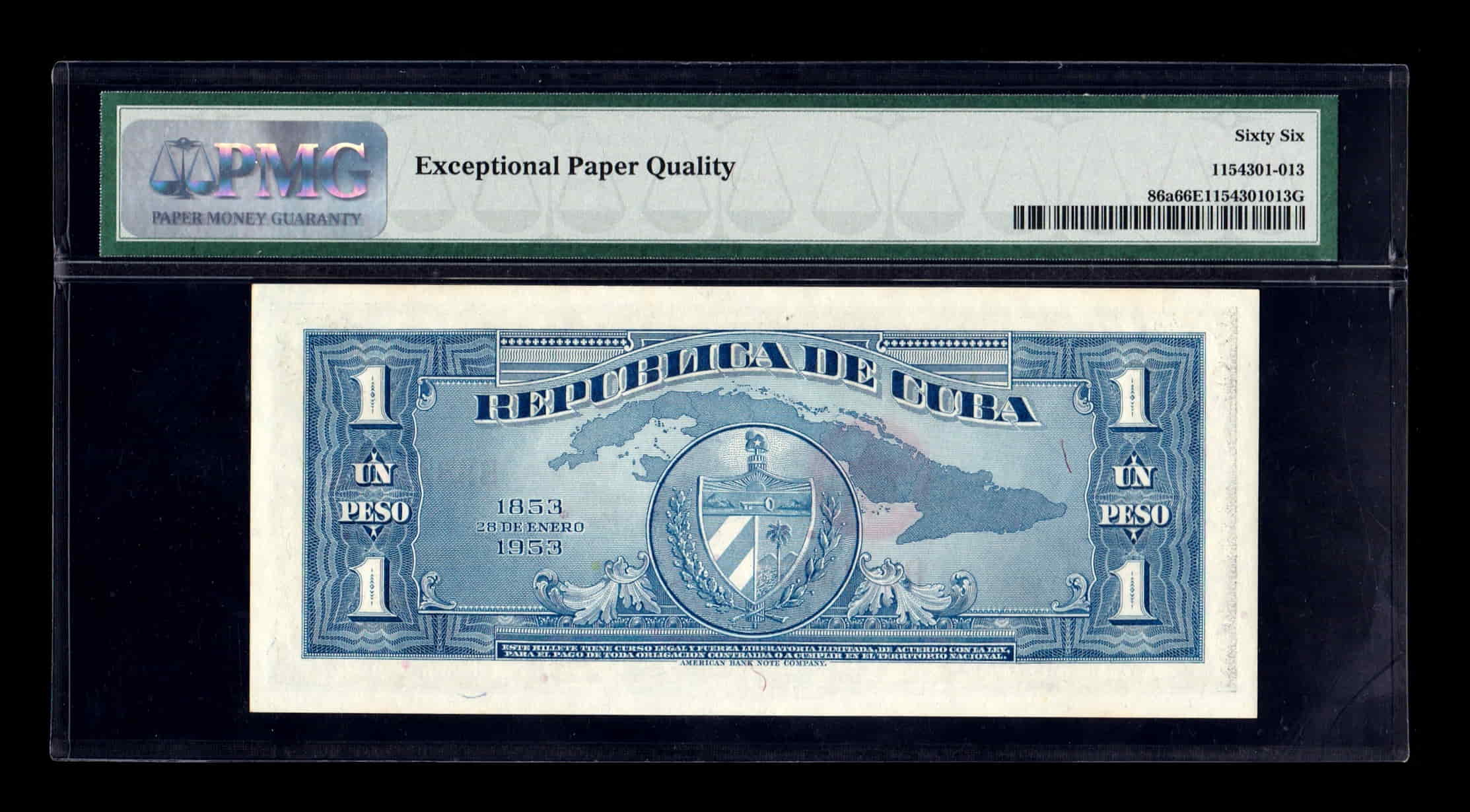 Alternative view of Cuba 1 Peso Conmemorativo José Martí 1953 Pick 86 PMG 66 EPQ Sc Unc