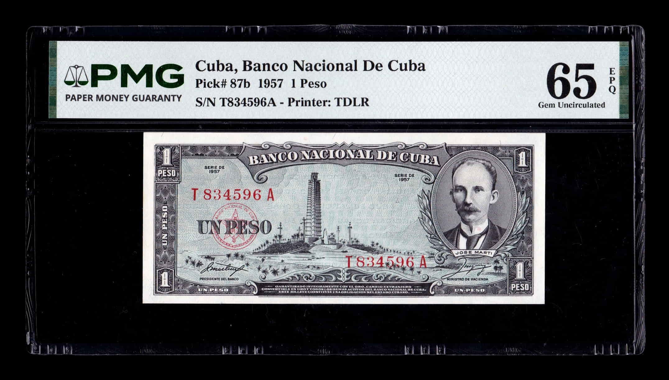 Cuba 1 Peso José Martí 1957 Pick 87b PMG 65 EPQ Sc Unc