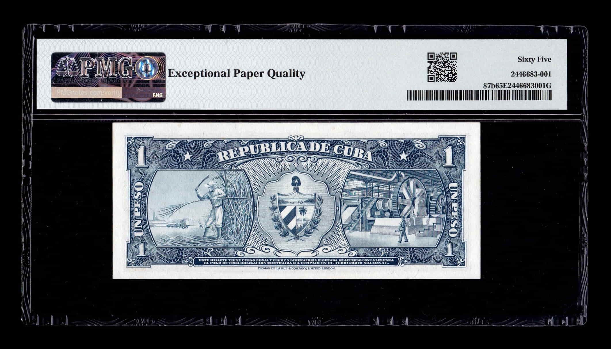 Alternative view of Cuba 1 Peso José Martí 1957 Pick 87b PMG 65 EPQ Sc Unc