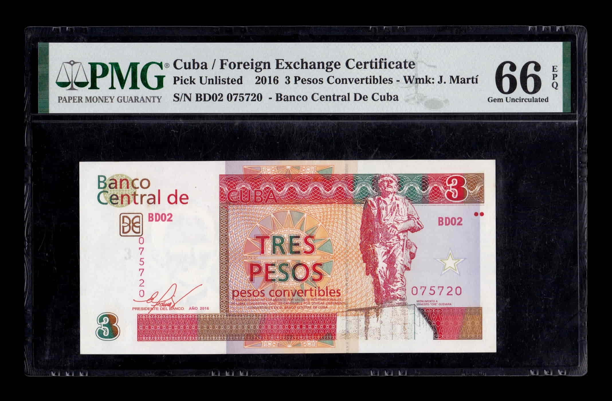 Cuba 3 Pesos Convertibles 2016 Pick FX47c PMG 66 EPQ Sc Unc