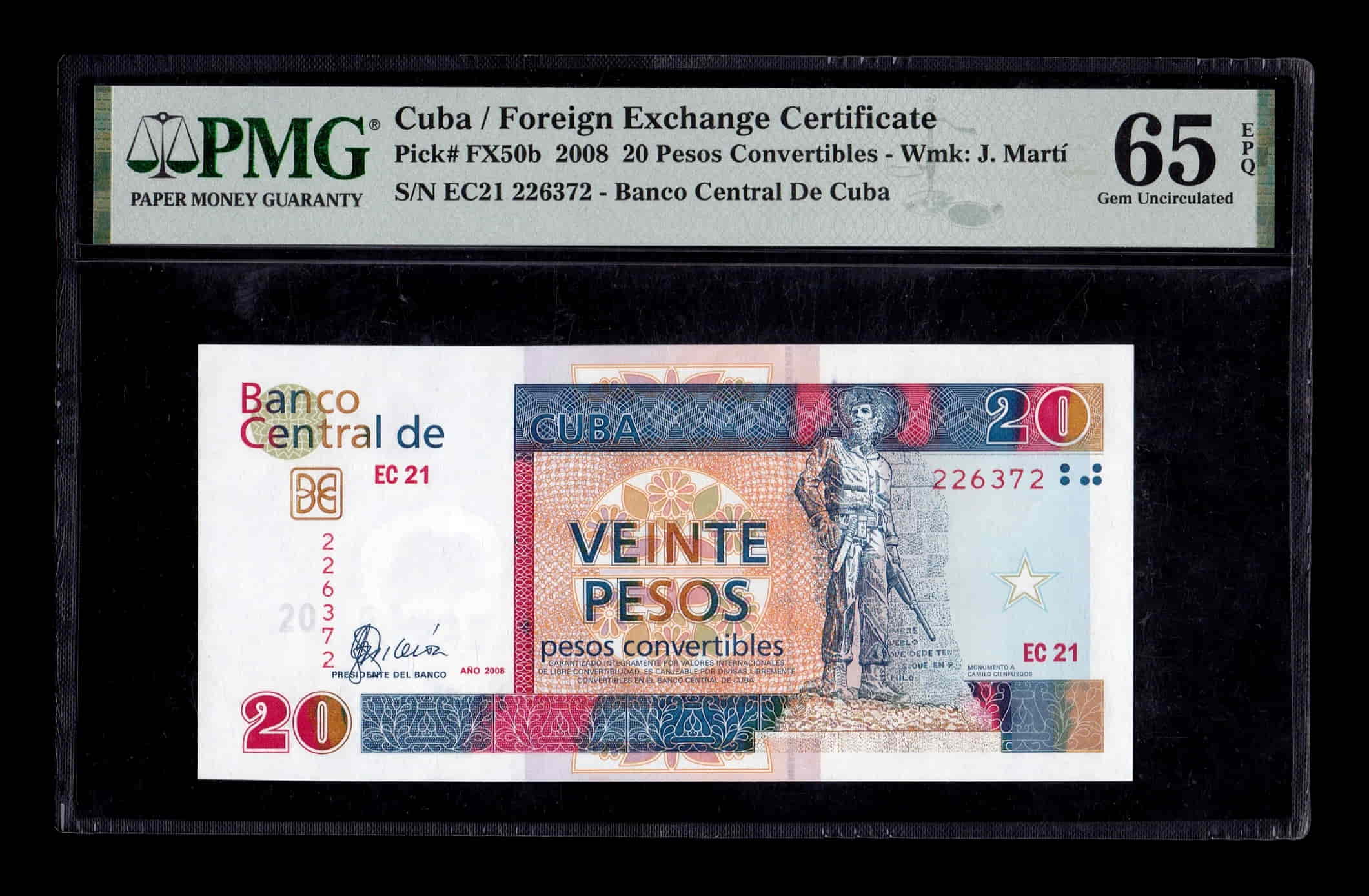 Cuba 20 Pesos Convertibles 2008 Pick FX50b PMG 65 EPQ Sc Unc