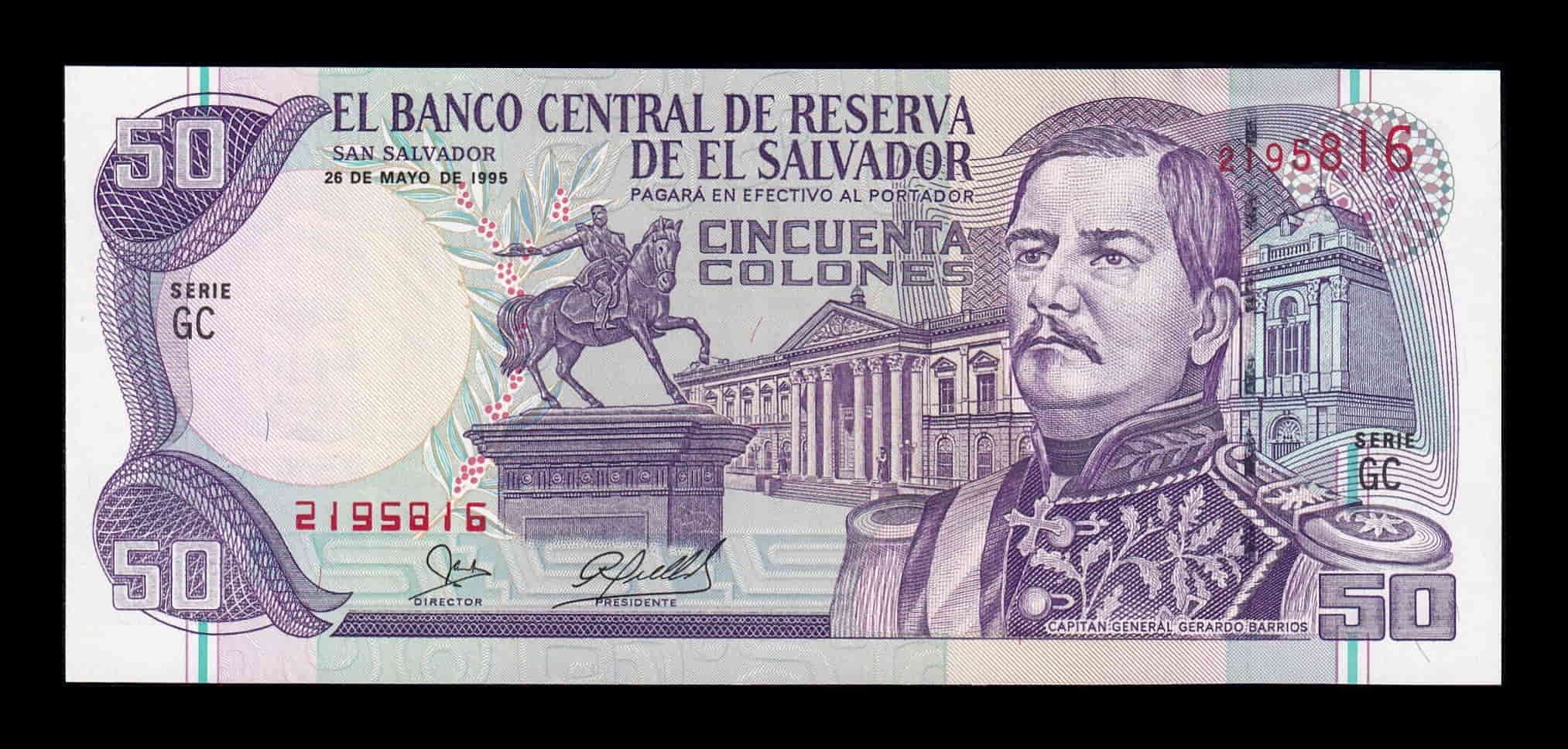 El Salvador 50 Colones Gerardo Barrios 1995 Pick 143 Sc Unc