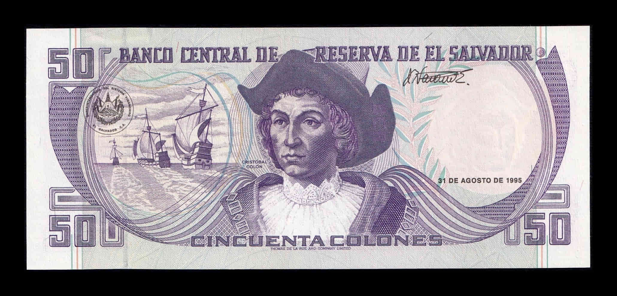 Alternative view of El Salvador 50 Colones Gerardo Barrios 1995 Pick 143 Sc Unc