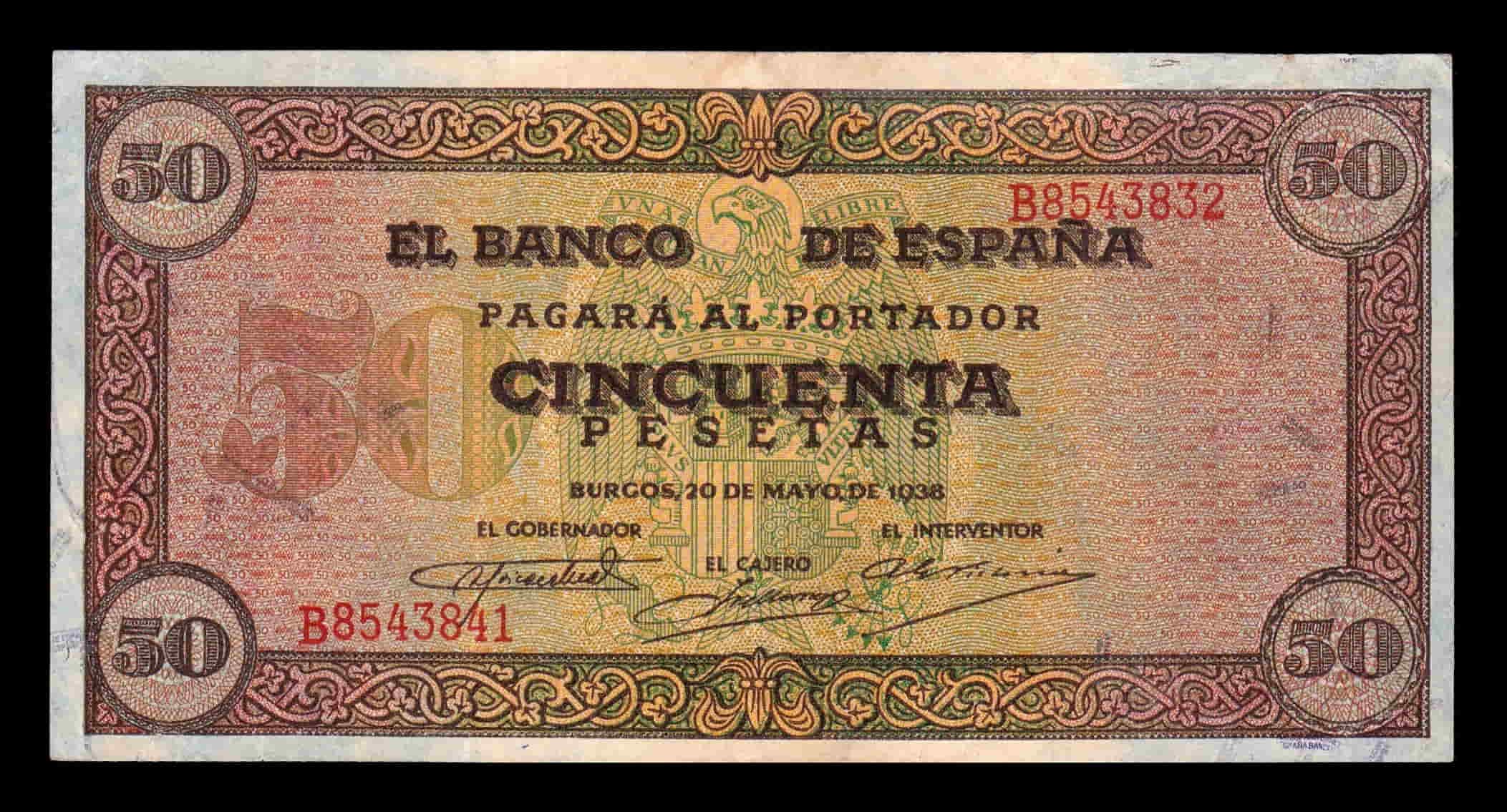 España Error numeración 50 Pesetas Burgos 1938 Pick 112 Serie B Mbc+/Ebc Vf+/Xf