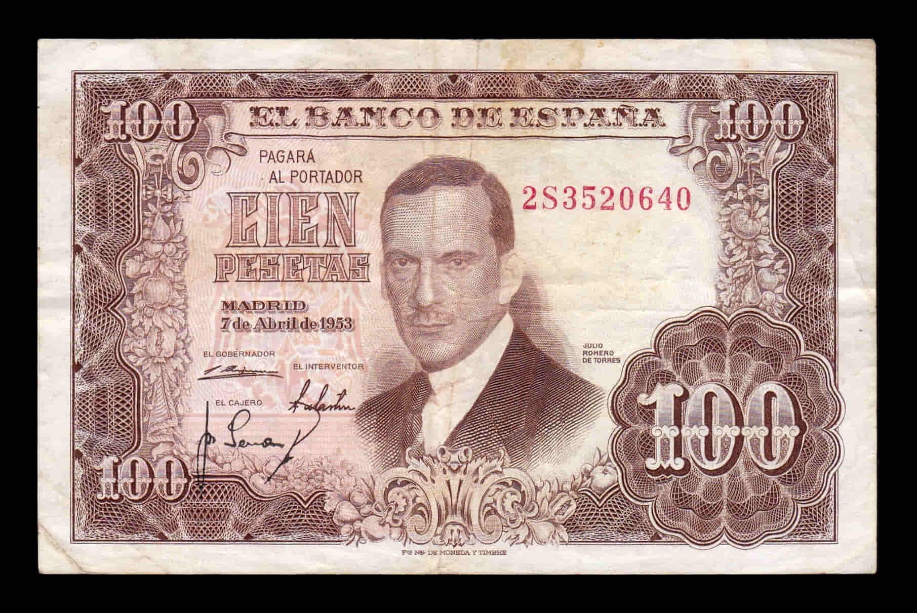 Alternative view of España Error desplazado 100 Pesetas J. Romero de Torres 1953 Pick 145 Serie 2S Mbc Vf