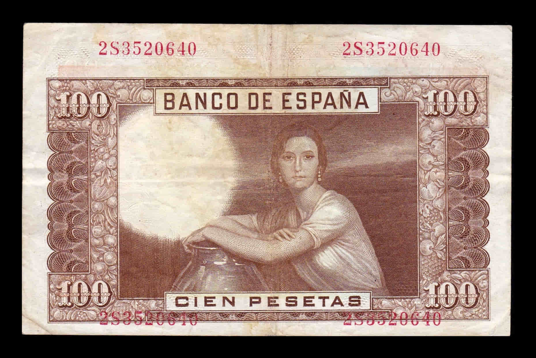 España Error desplazado 100 Pesetas J. Romero de Torres 1953 Pick 145 Serie 2S Mbc Vf