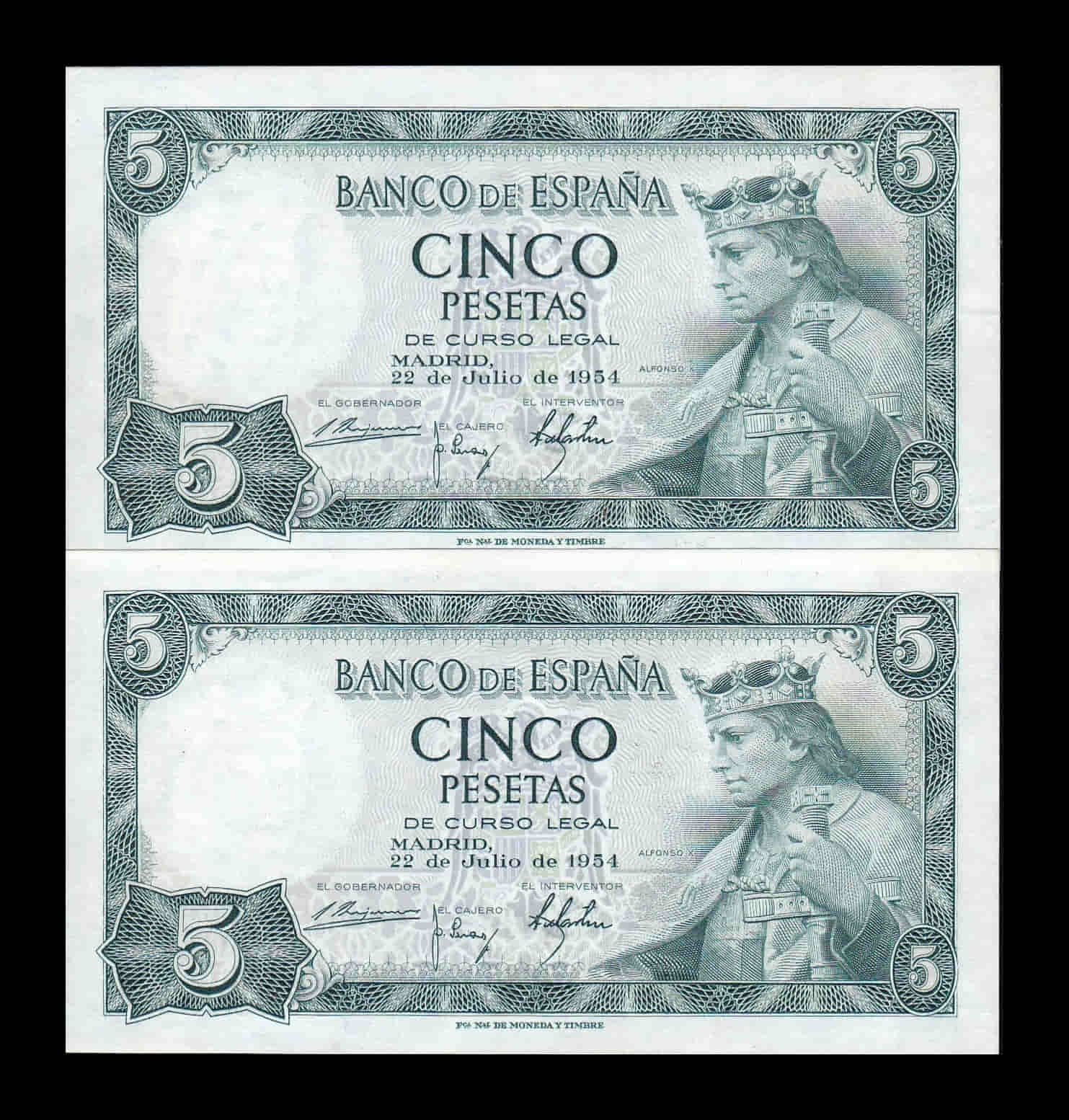 Alternative view of España Pareja Error numeración 5 Pesetas Alfonso X 1954 Pick 146 Serie C Sc Unc