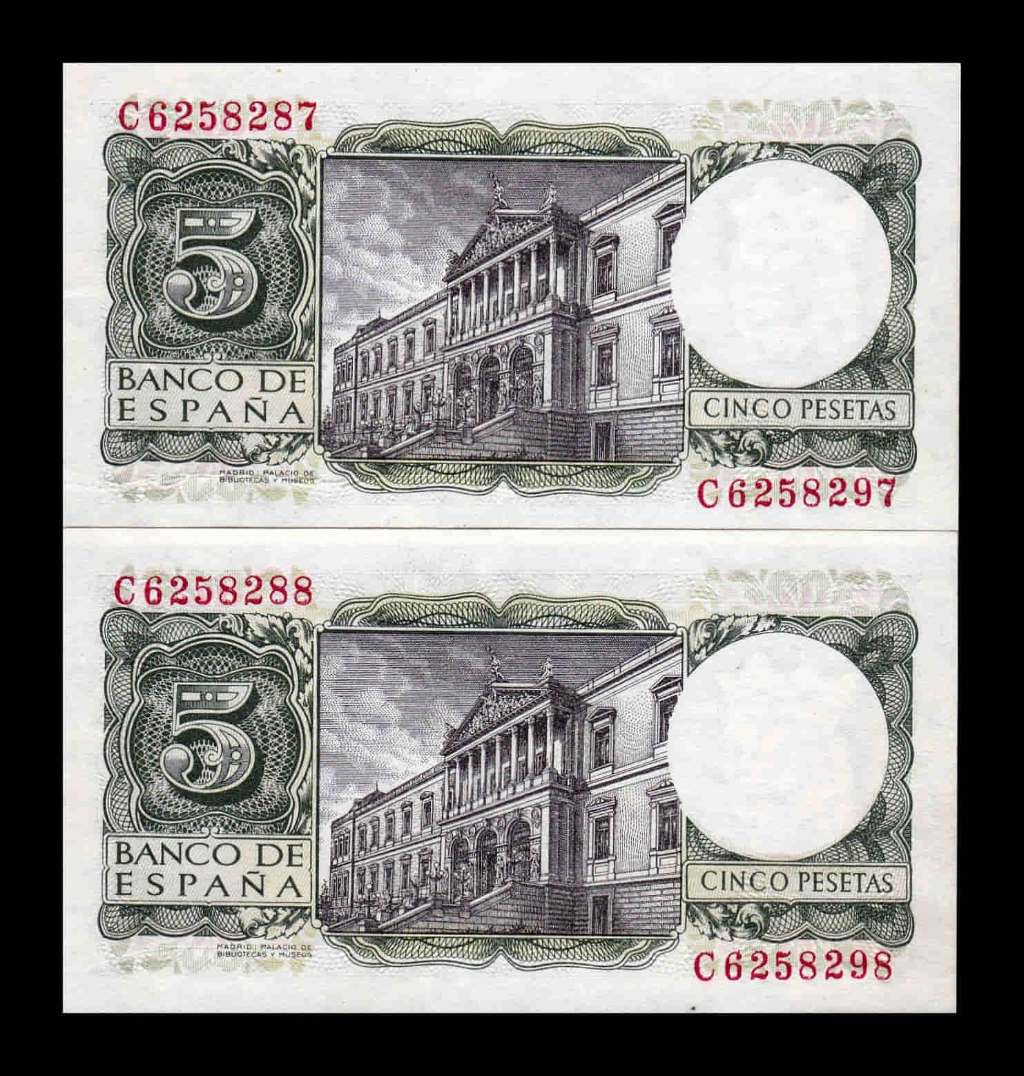 España Pareja Error numeración 5 Pesetas Alfonso X 1954 Pick 146 Serie C Sc Unc