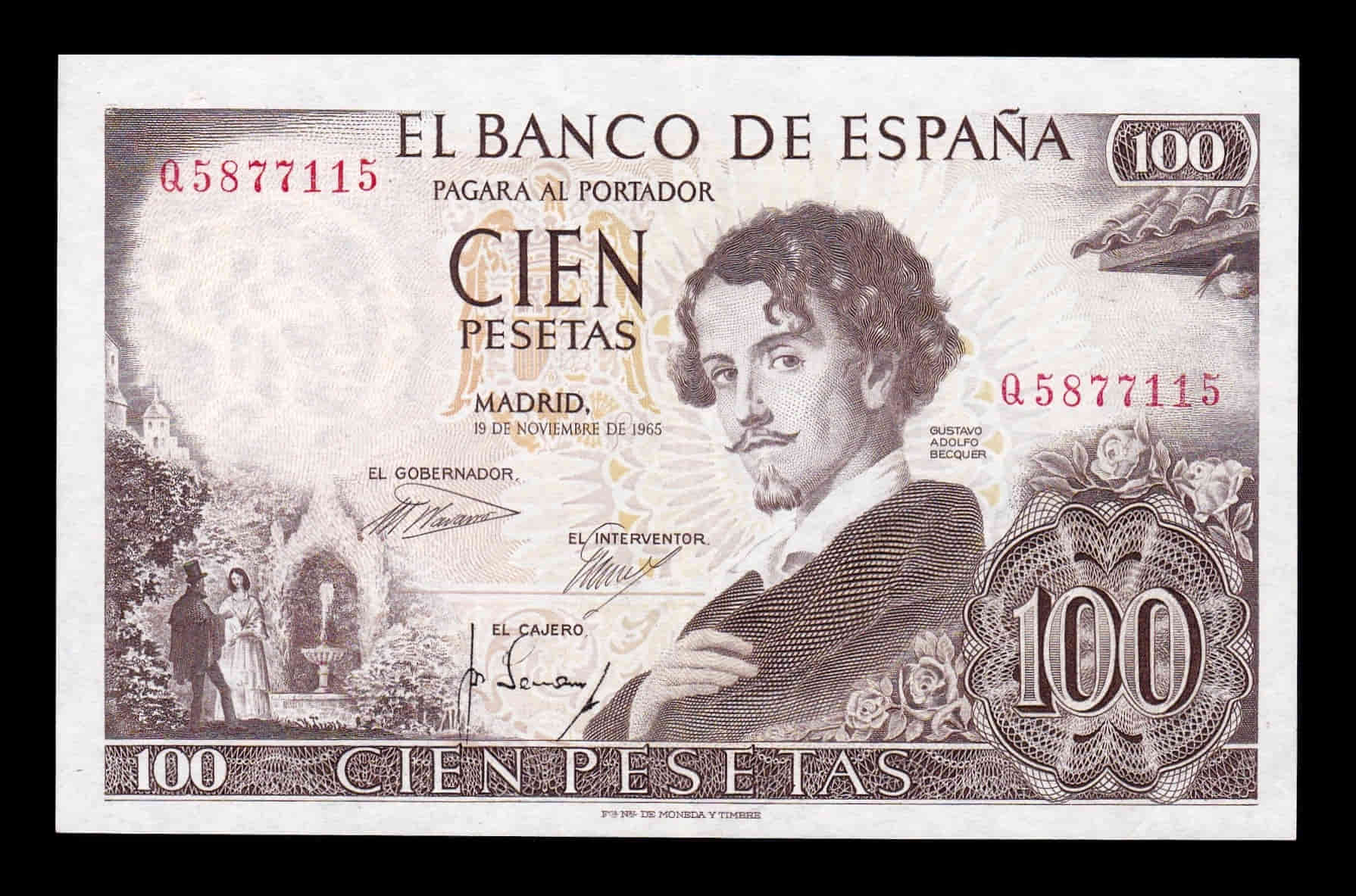 Alternative view of España Error impresión 100 Pesetas Becquer 1965 Pick 150 serie Q Ebc Xf