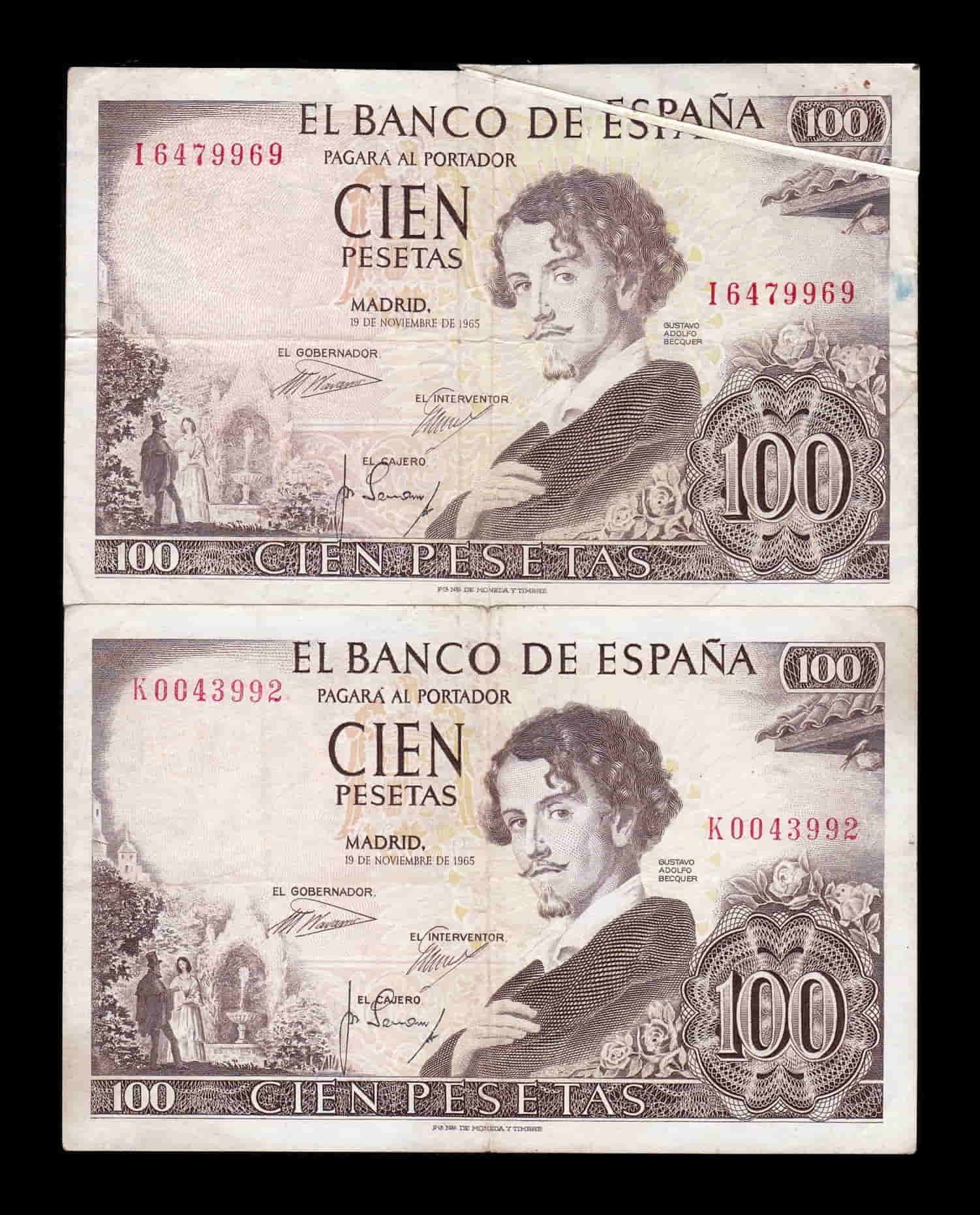 Alternative view of España Pareja Error Fuelle Desplazado 100 Pesetas Becquer 1965 Pick 150 Mbc Vf