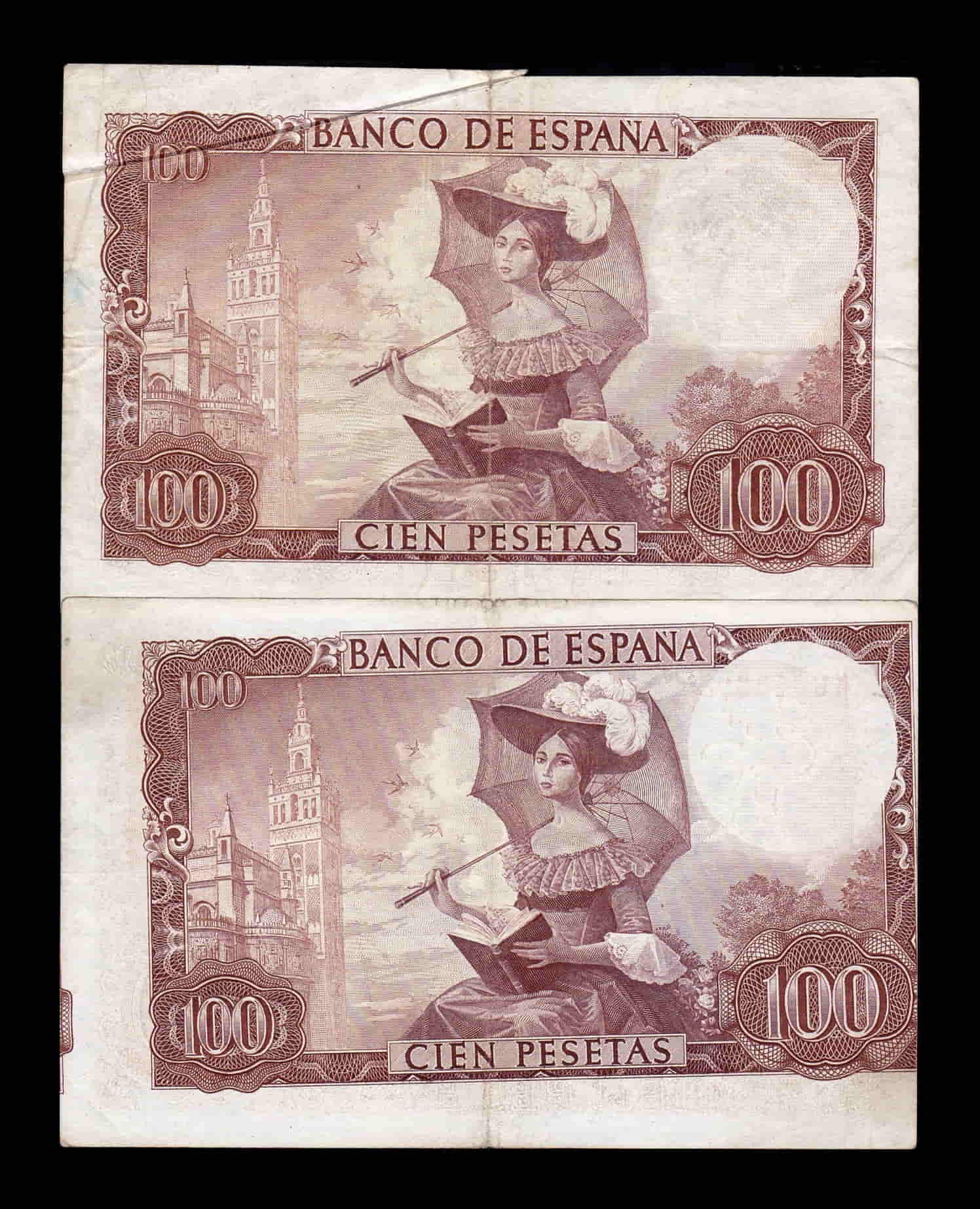 España Pareja Error Fuelle Desplazado 100 Pesetas Becquer 1965 Pick 150 Mbc Vf
