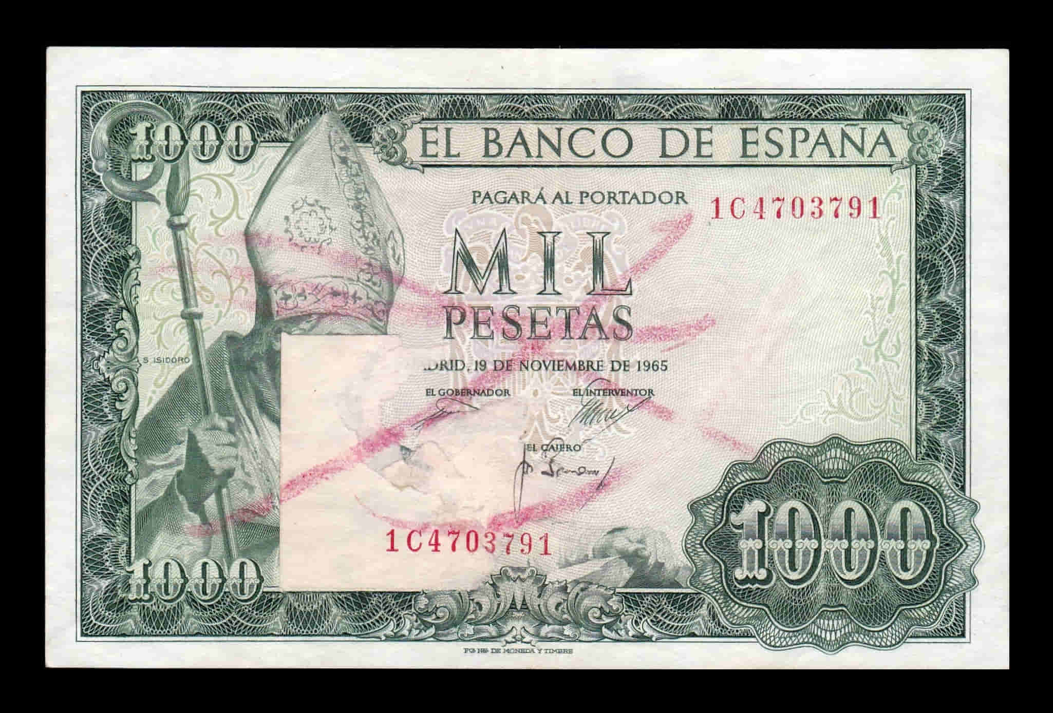 España Error impresión 1000 Pesetas San Isidoro 1965 Pick 151 Serie 1C Ebc Xf