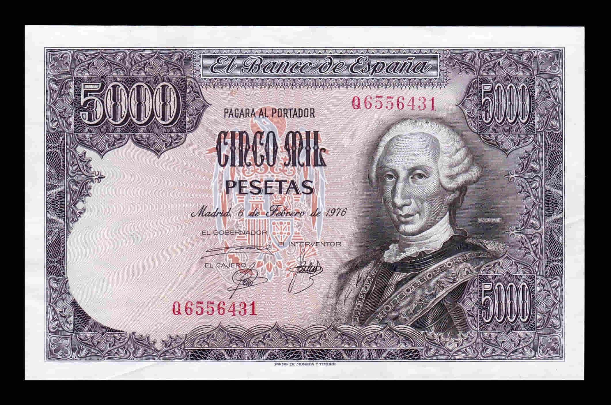 Alternative view of España Error impresión 5000 Pesetas Carlos III 1976 Pick 155 Serie Q Sc- aUnc