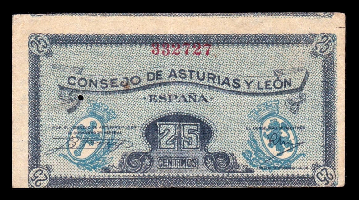 España Asturias y León Error desplazado 25 Céntimos 1936 Pick S601 Mbc Vf