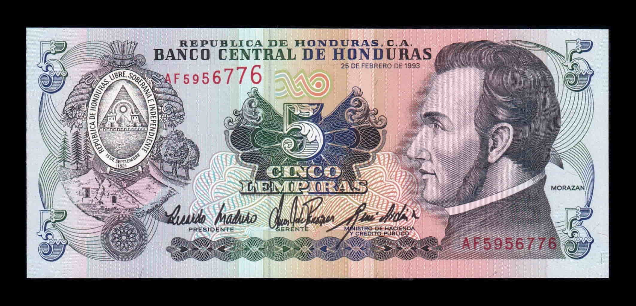 Honduras 5 Lempiras José Francisco Morazán Quezada 1993 Pick 63c Sc Unc