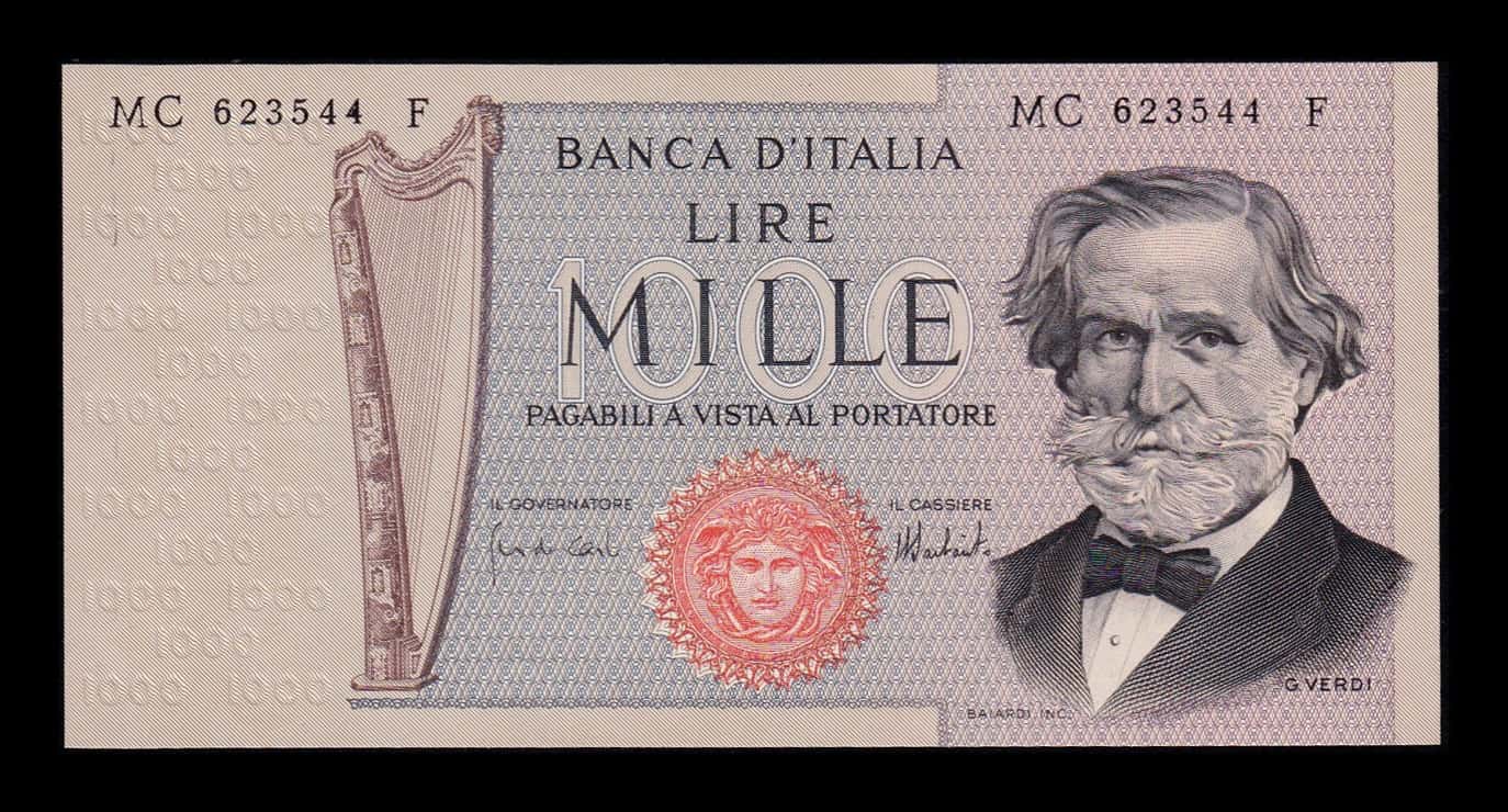 Italia 1000 Liras Giuseppe Verdi 1975 Pick 101d Sc- aUnc