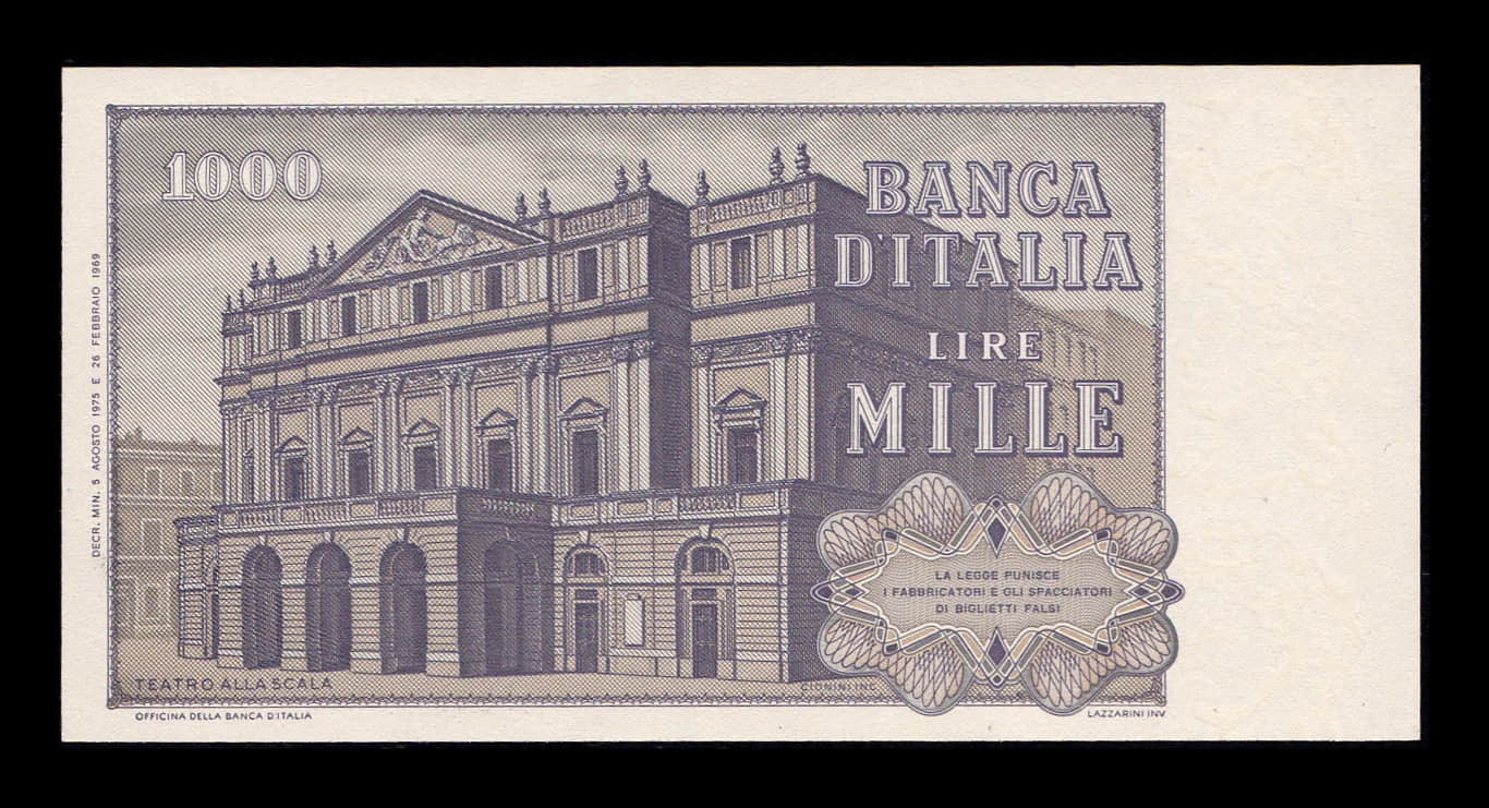 Alternative view of Italia 1000 Liras Giuseppe Verdi 1975 Pick 101d Sc- aUnc