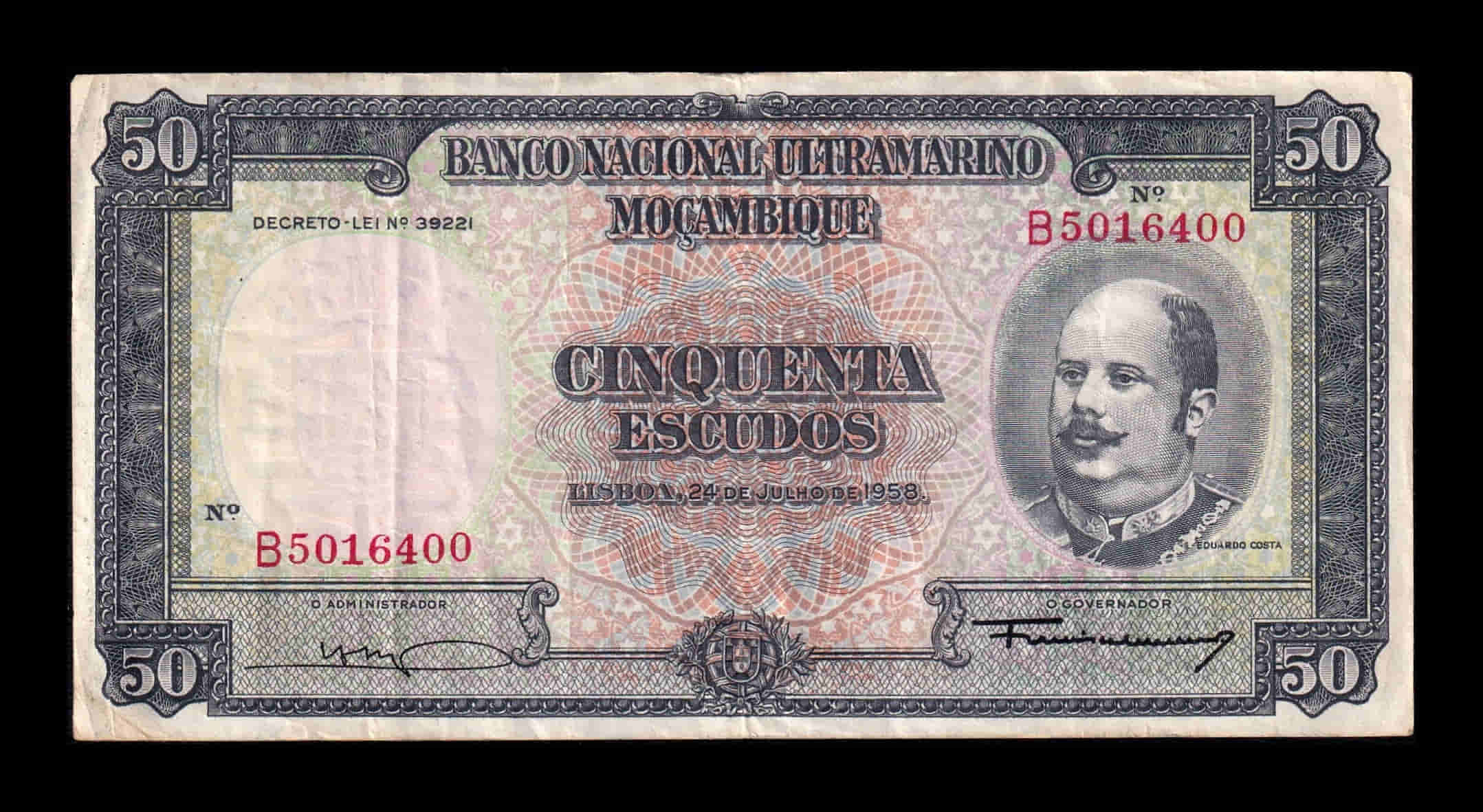 Mozambique 50 Escudos Eduardo Costa 1958 Pick 106a(5) Mbc Vf