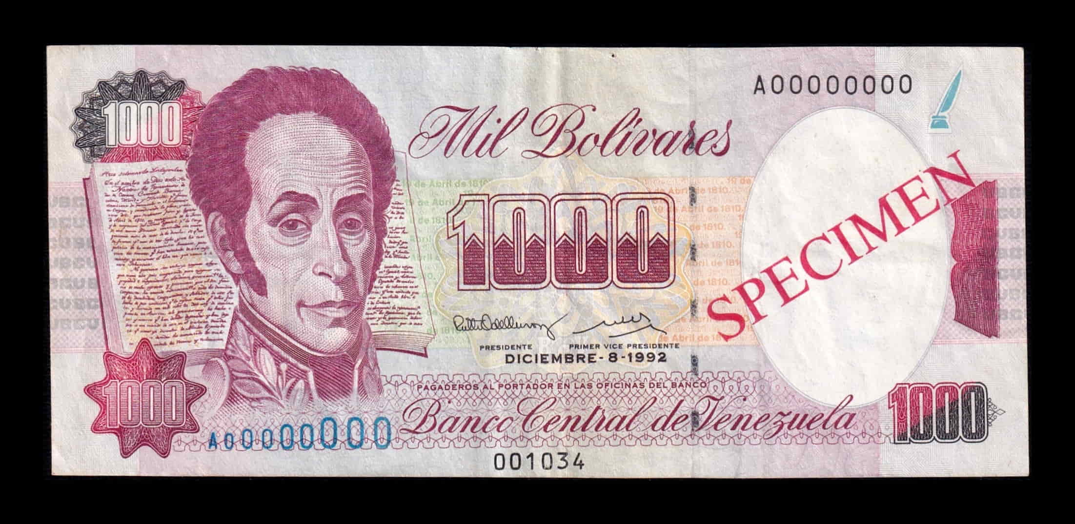 Venezuela 1000 Bolívares Simón Bolívar 1992 Pick 73s Speciman Mbc/Ebc Vf/Xf