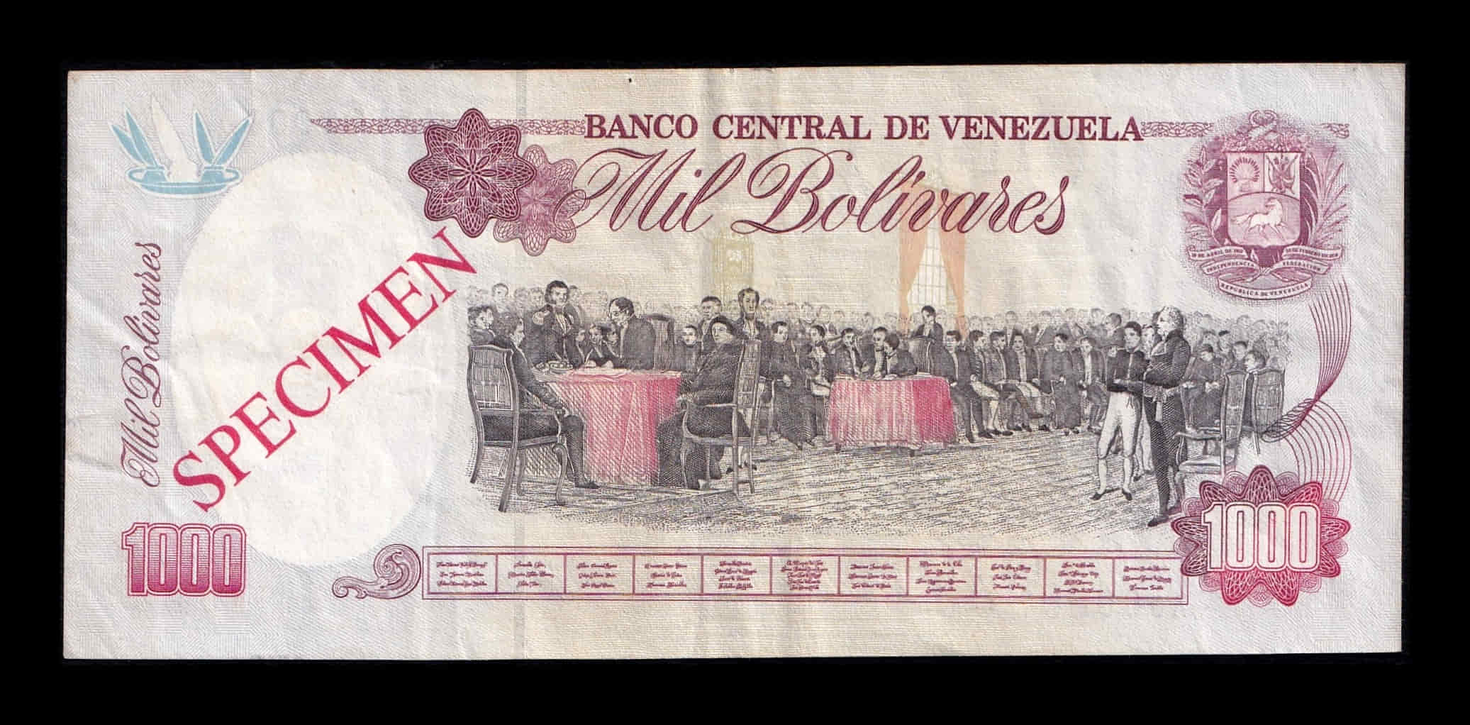 Alternative view of Venezuela 1000 Bolívares Simón Bolívar 1992 Pick 73s Speciman Mbc/Ebc Vf/Xf