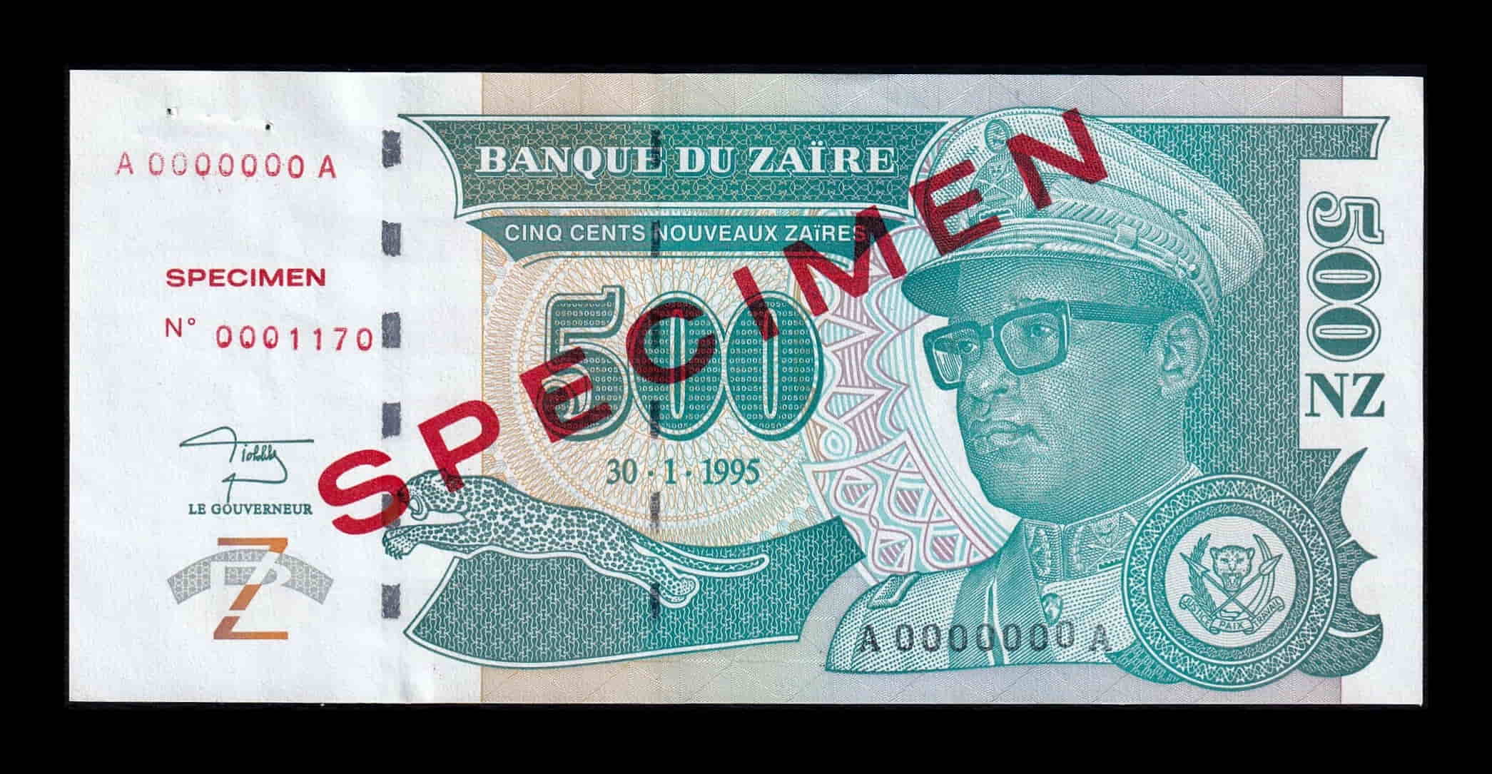 Zaire 500 Nouveaux Zaires Joseph Désiré 1995 Pick 65s Specimen Sc- aUnc