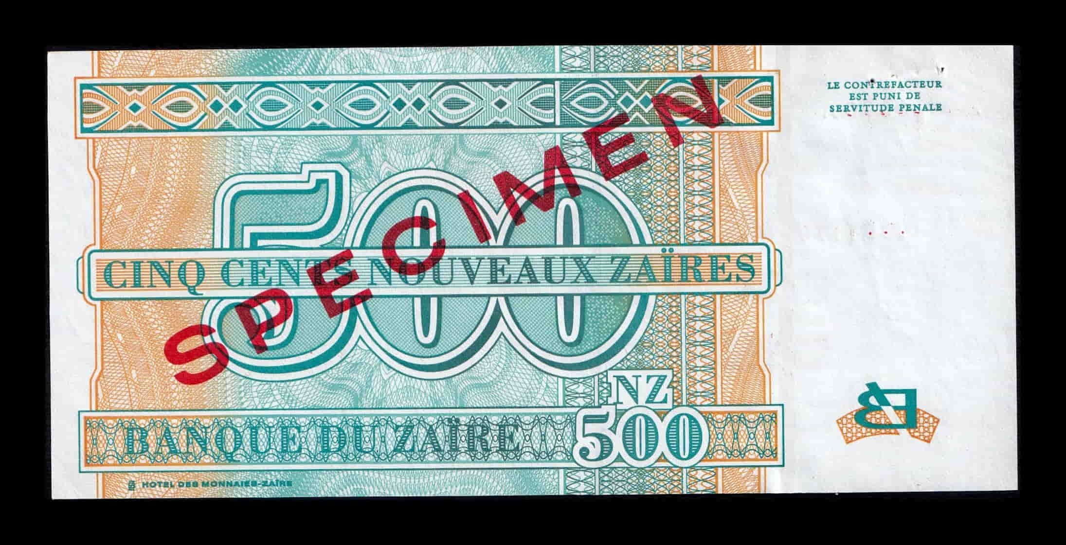 Alternative view of Zaire 500 Nouveaux Zaires Joseph Désiré 1995 Pick 65s Specimen Sc- aUnc