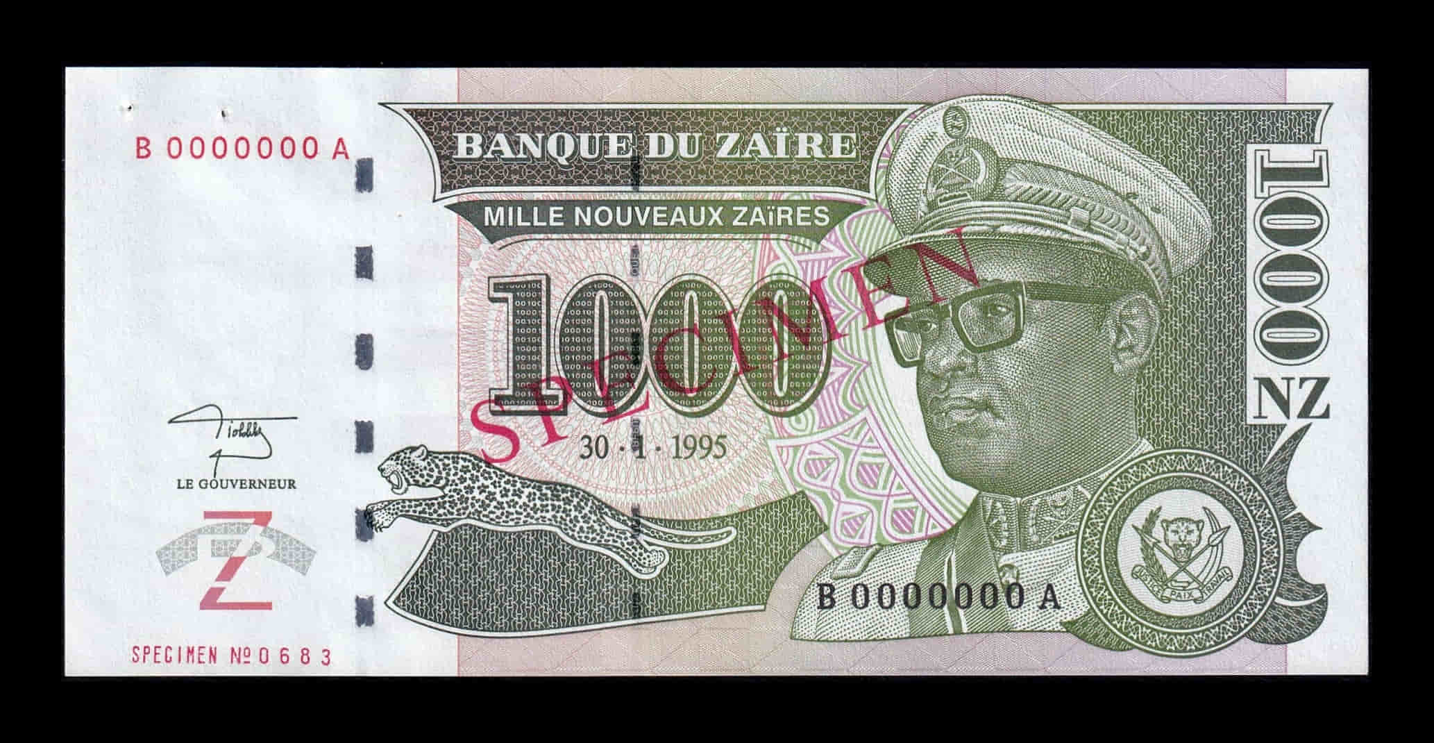 Zaire 1000 Nouveaux Zaires Joseph Désiré 1995 Pick 66s Specimen Sc- aUnc