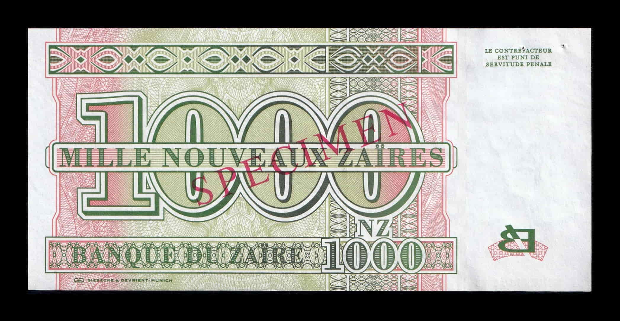 Alternative view of Zaire 1000 Nouveaux Zaires Joseph Désiré 1995 Pick 66s Specimen Sc- aUnc