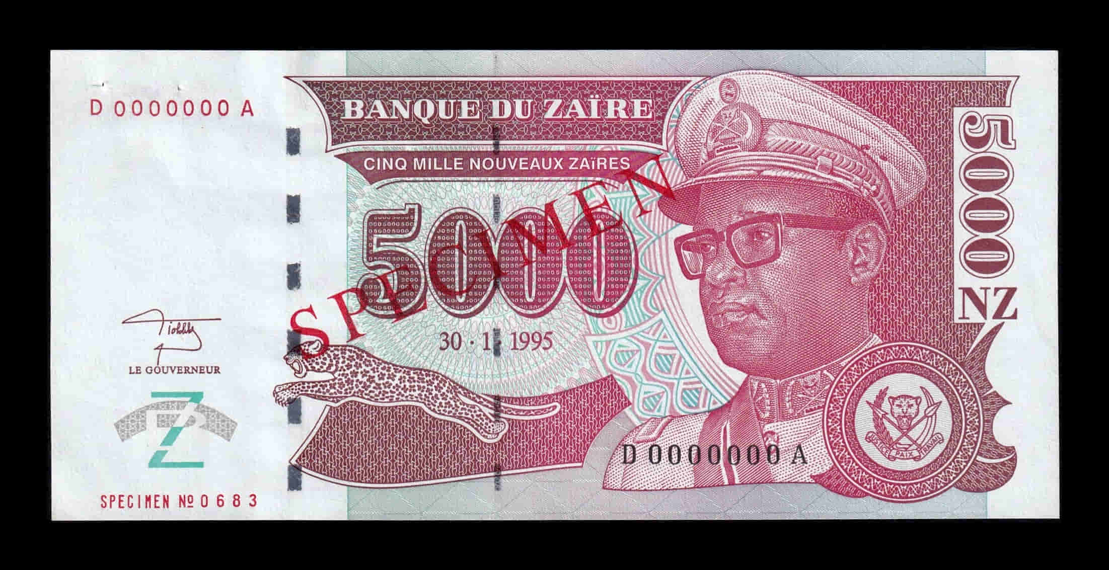 Zaire 5000 Nouveaux Zaires Joseph Désiré 1995 Pick 68s Specimen Sc- aUnc