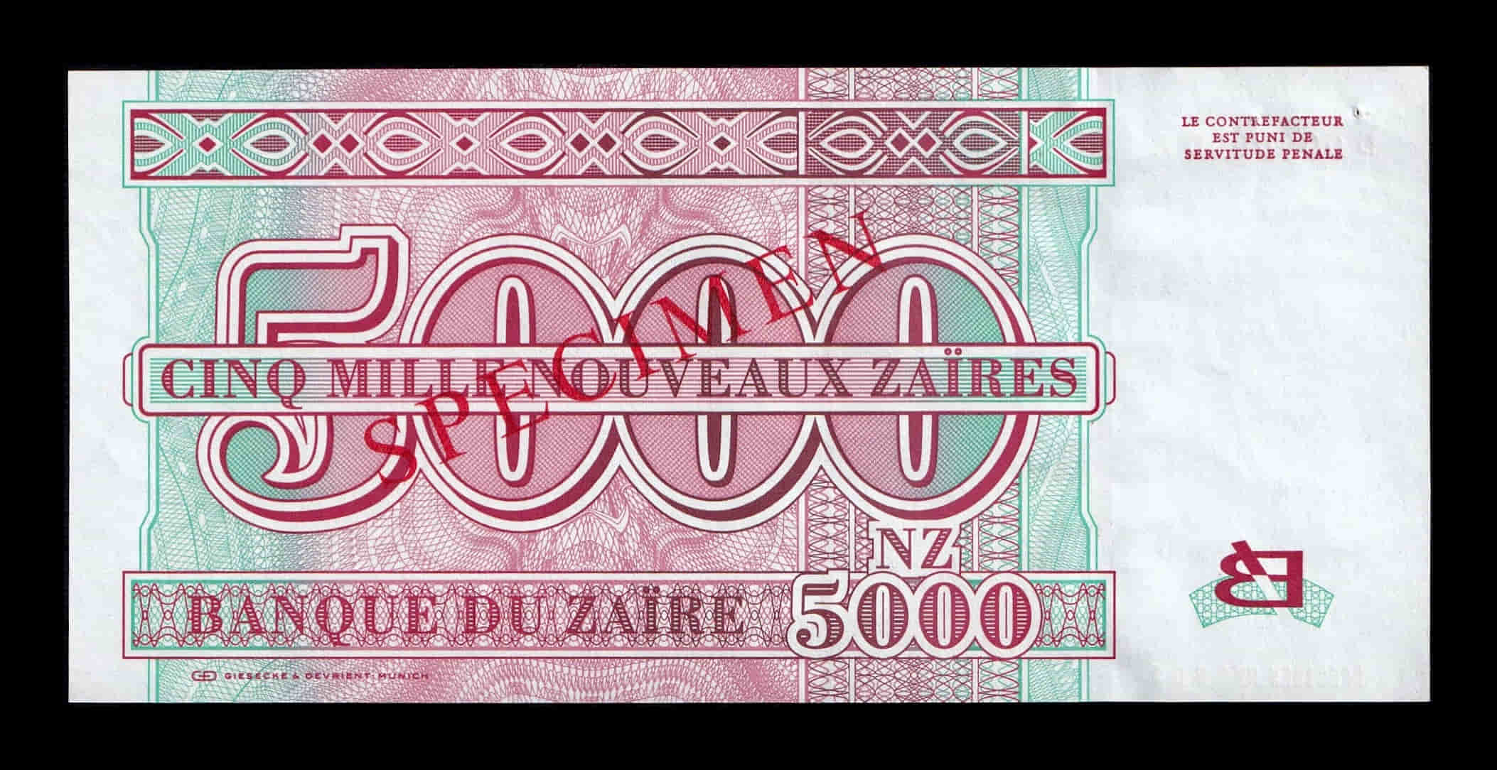 Alternative view of Zaire 5000 Nouveaux Zaires Joseph Désiré 1995 Pick 68s Specimen Sc- aUnc