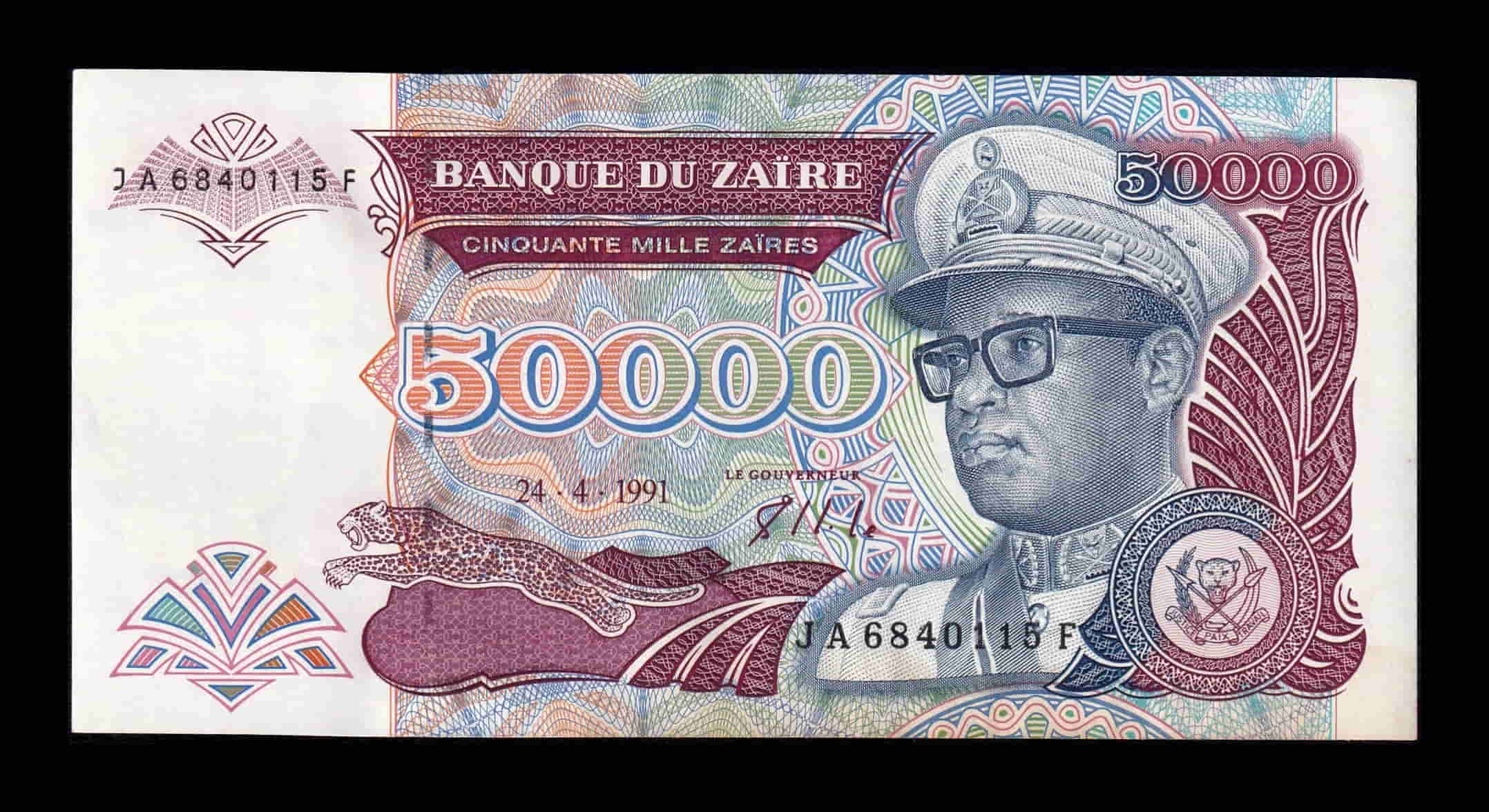 Zaire 50000 Zaires Joseph Désiré 1991 Pick 40 Ebc/Sc- Xf/aUnc