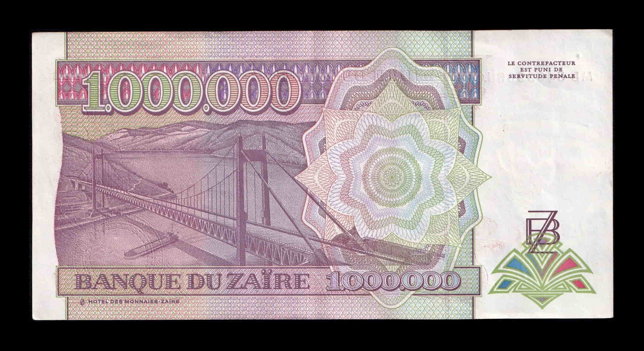 Alternative view of Zaire 1000000 Zaires Joseph Désiré 1993 Pick 45b Ebc Xf