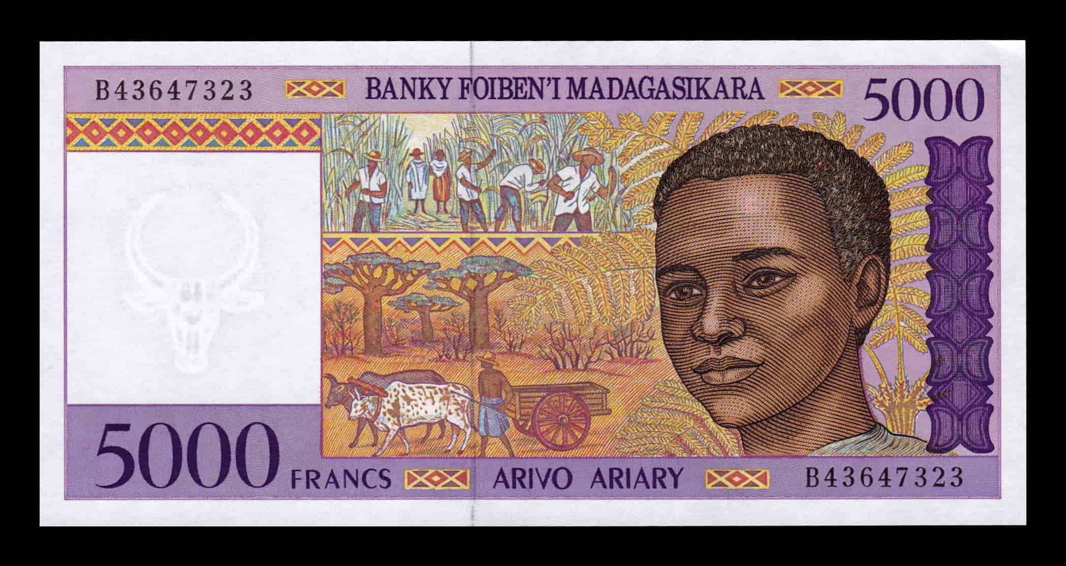 Madagascar 5000 Francs = 1000 Ariary 1995 Pick 78b Sc Unc