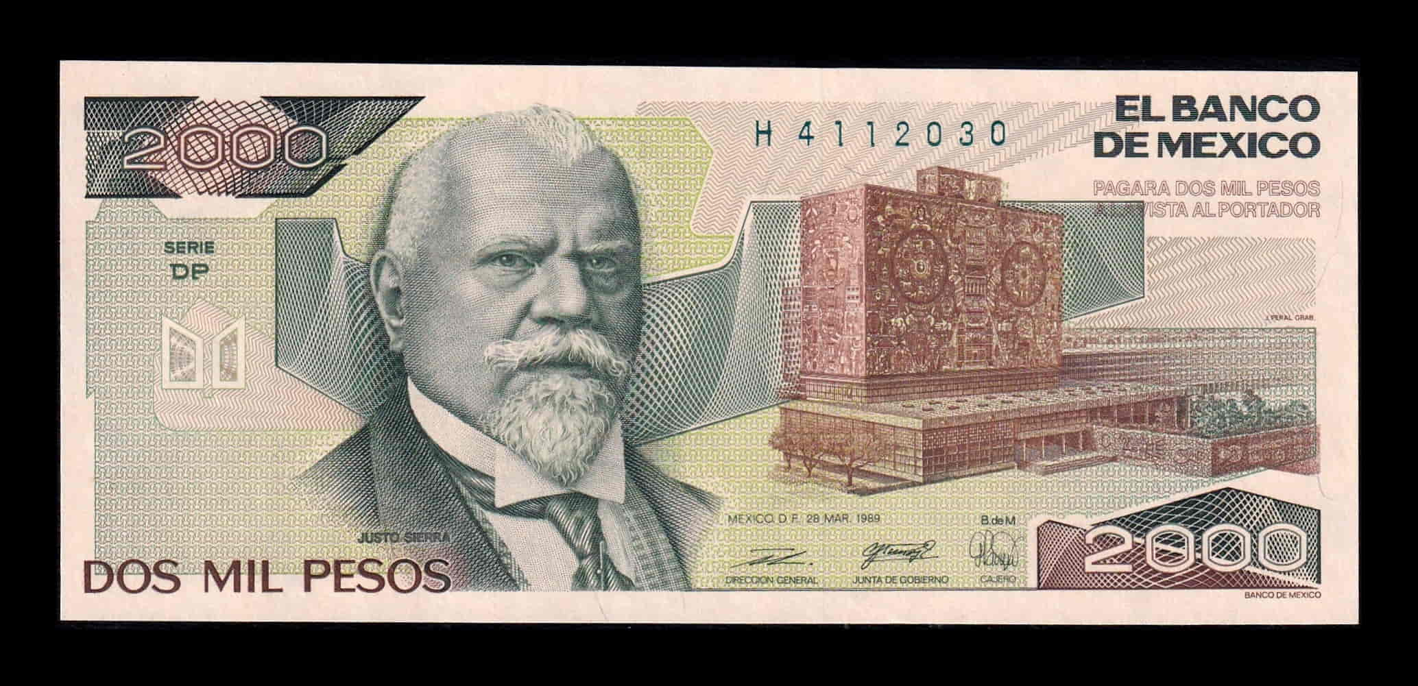 México 2000 Pesos Justo Sierra 1989 Pick 86c Serie DP Sc Unc