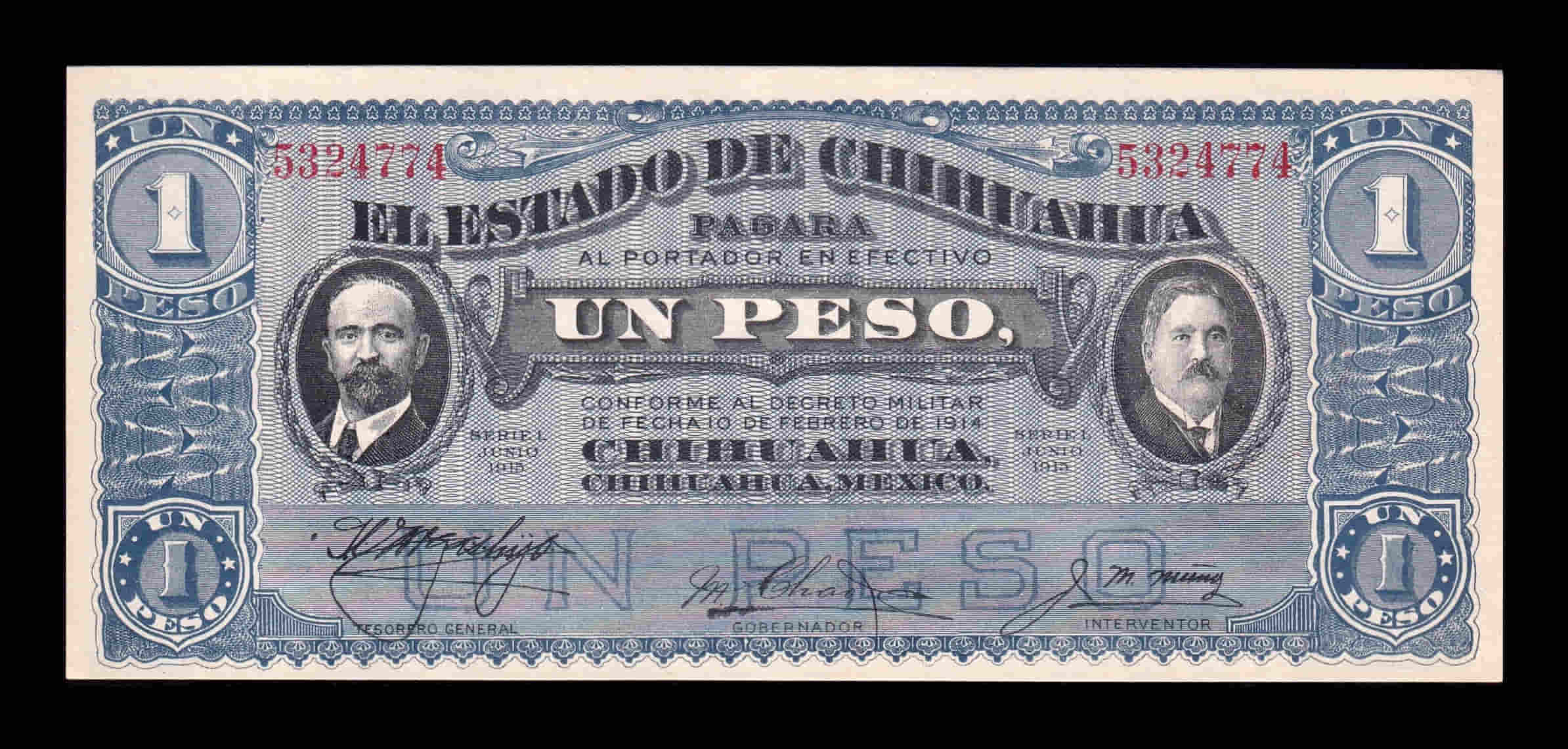 México 1 Peso 1915 Pick S530b Serie L Sc Unc