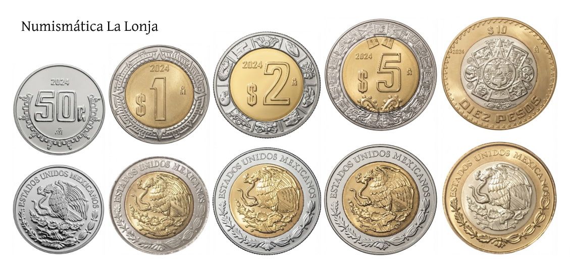 México Set 5 monedas 50 Centavos 1 2 5 10 Pesos 2024 Km 603-936 Sc Unc
