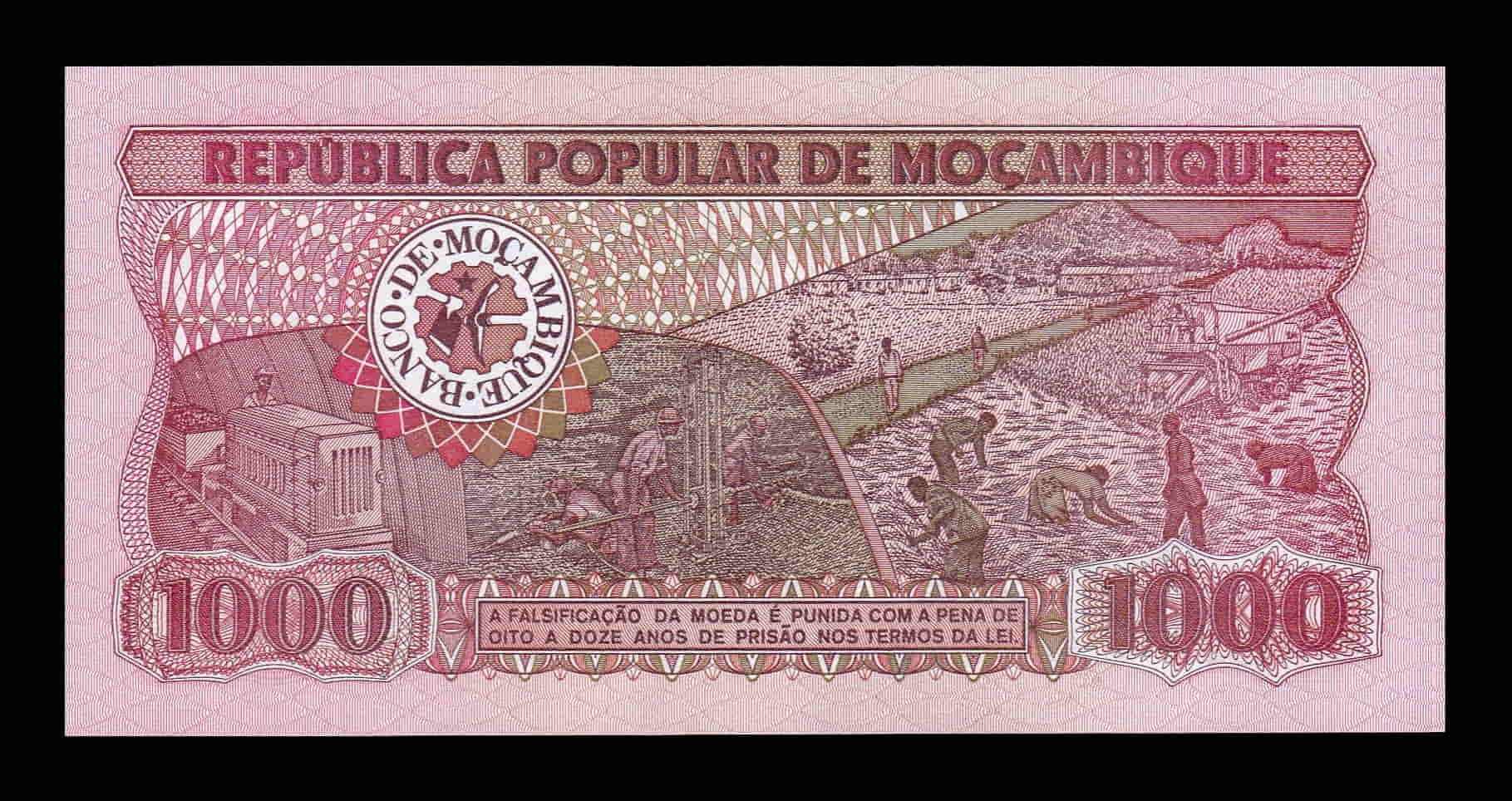 Alternative view of Mozambique 1000 Meticais 1989 Pick 132c Sc Unc