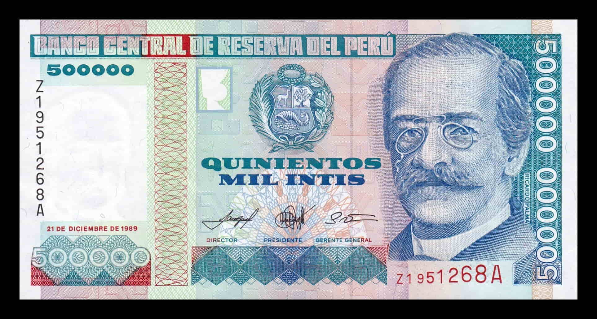 Perú 500000 Intis Ricardo Palma 1989 Pick 147r Reposición Sc Unc