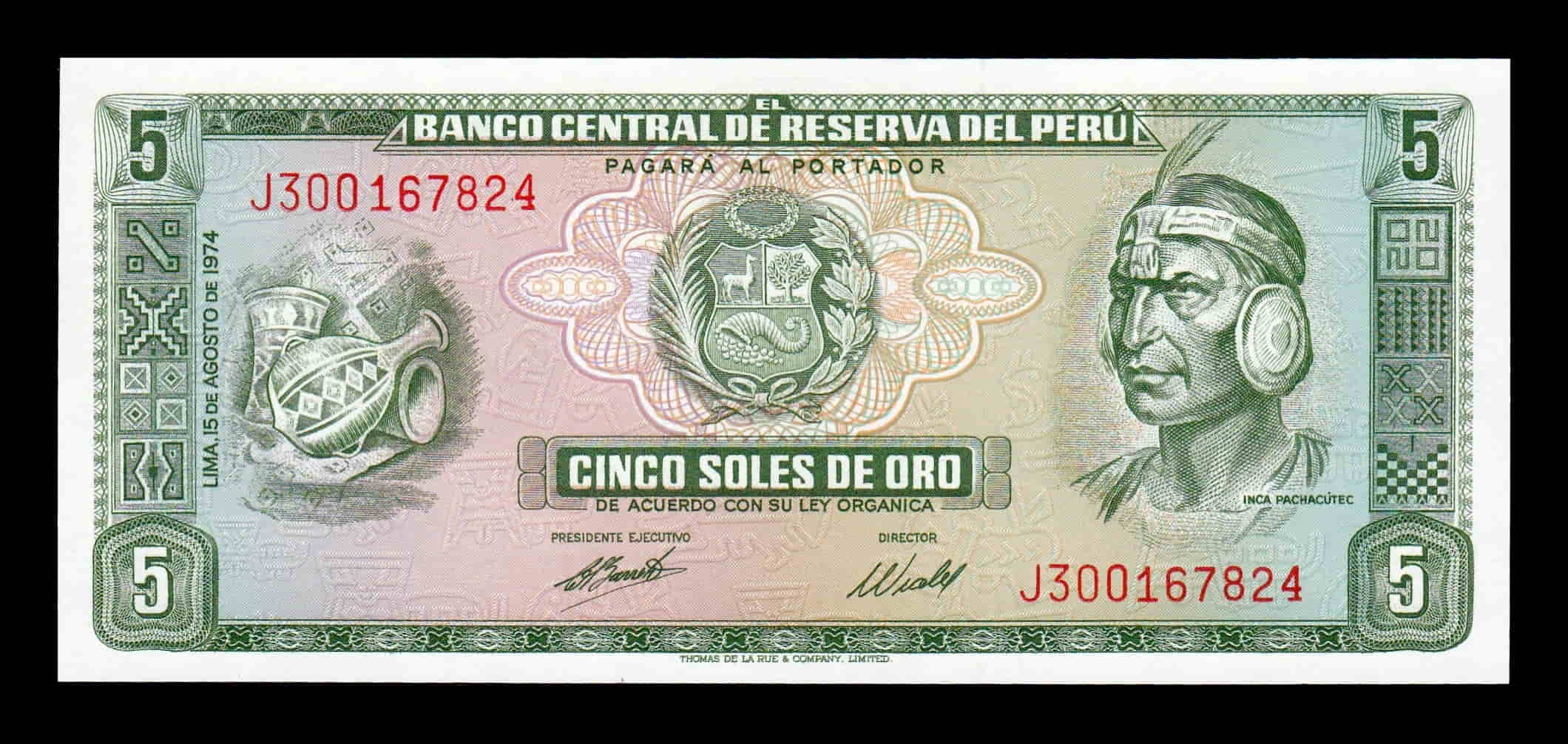 Perú 5 Soles de Oro Inca Pachacutec 15.08.1974 Pick 99c Sc Unc