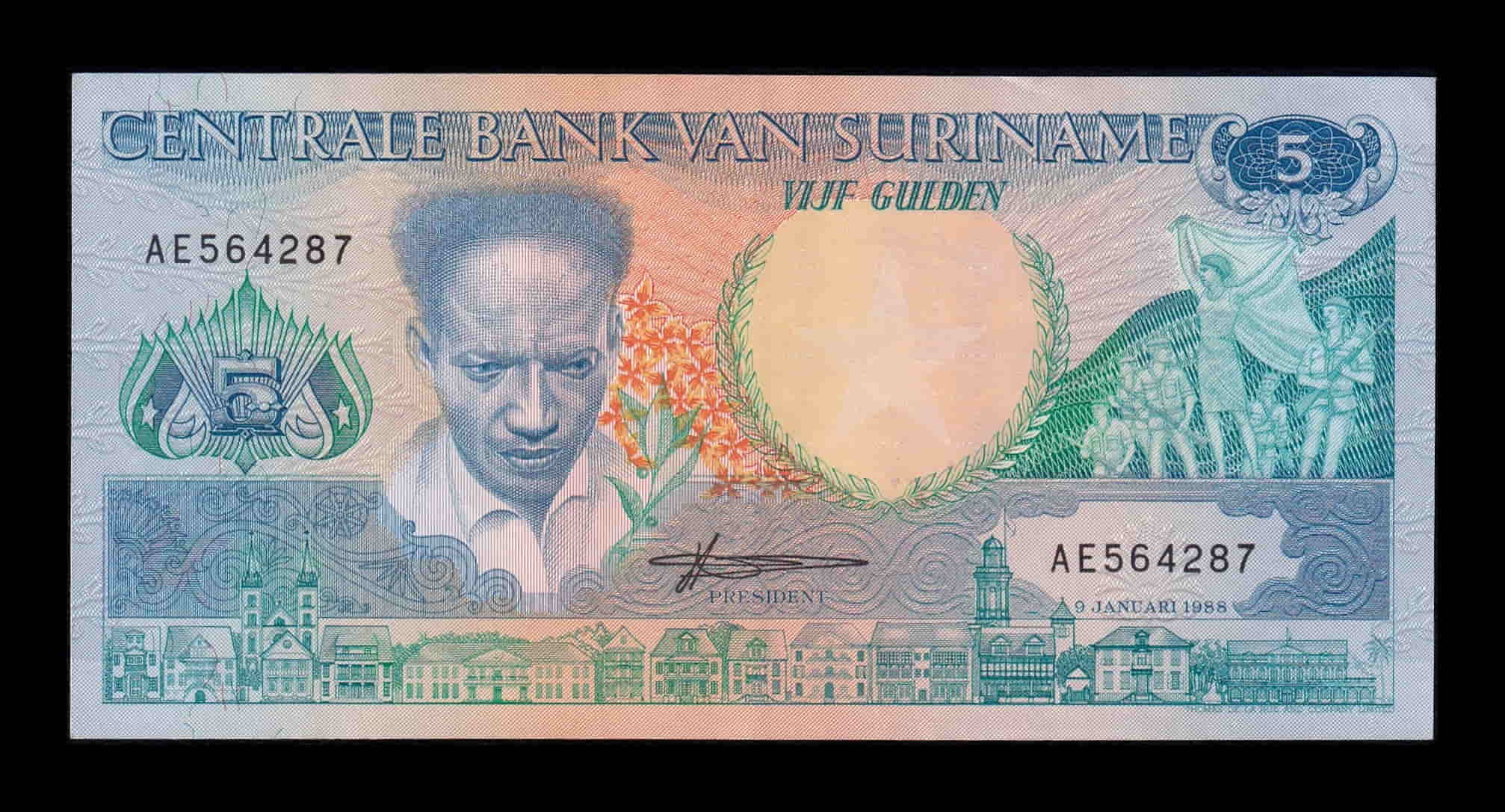 Surinam 5 Gulden Anton de Kom 1988 Pick 130b Sc Unc