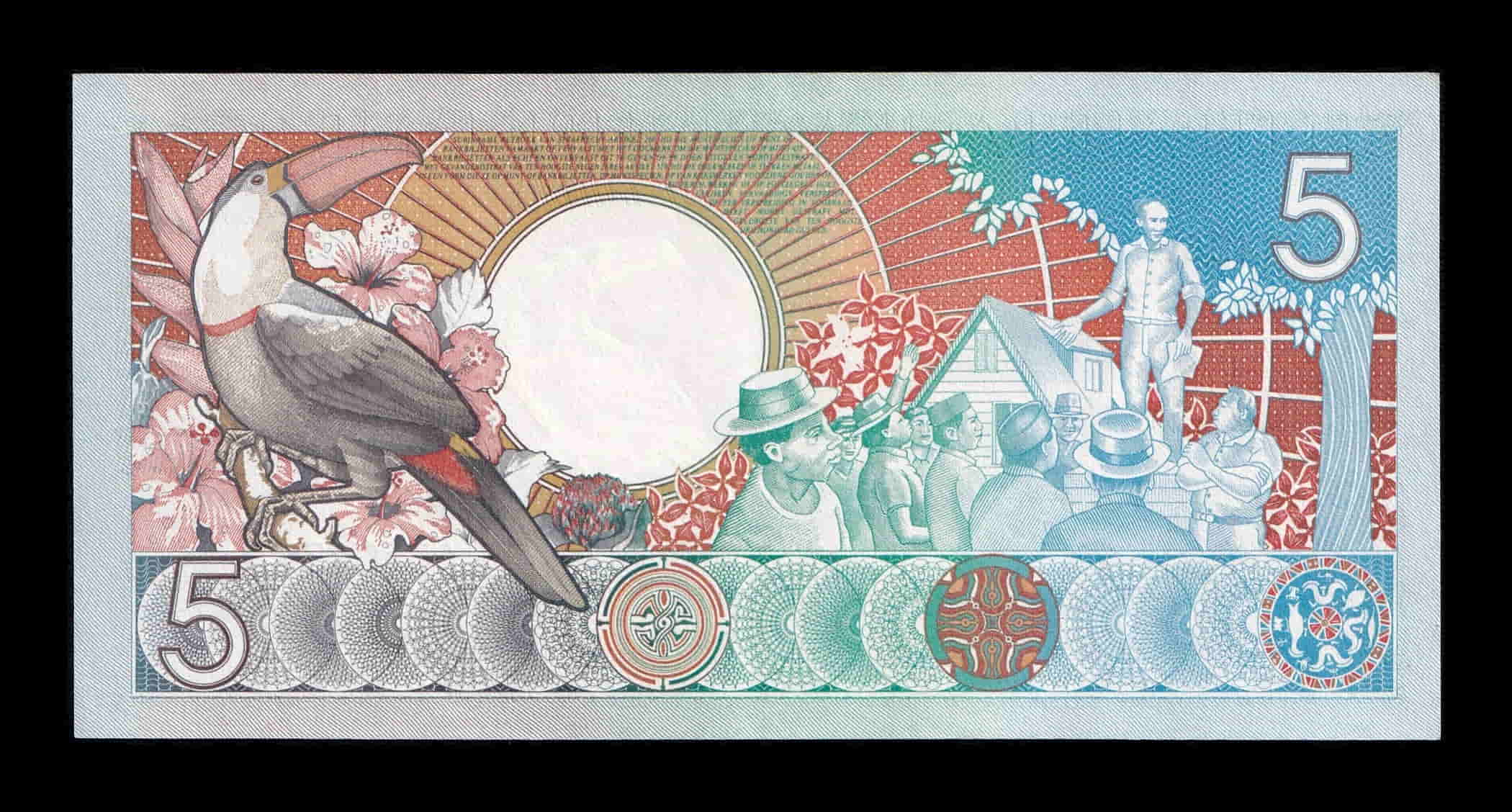 Alternative view of Surinam 5 Gulden Anton de Kom 1988 Pick 130b Sc Unc