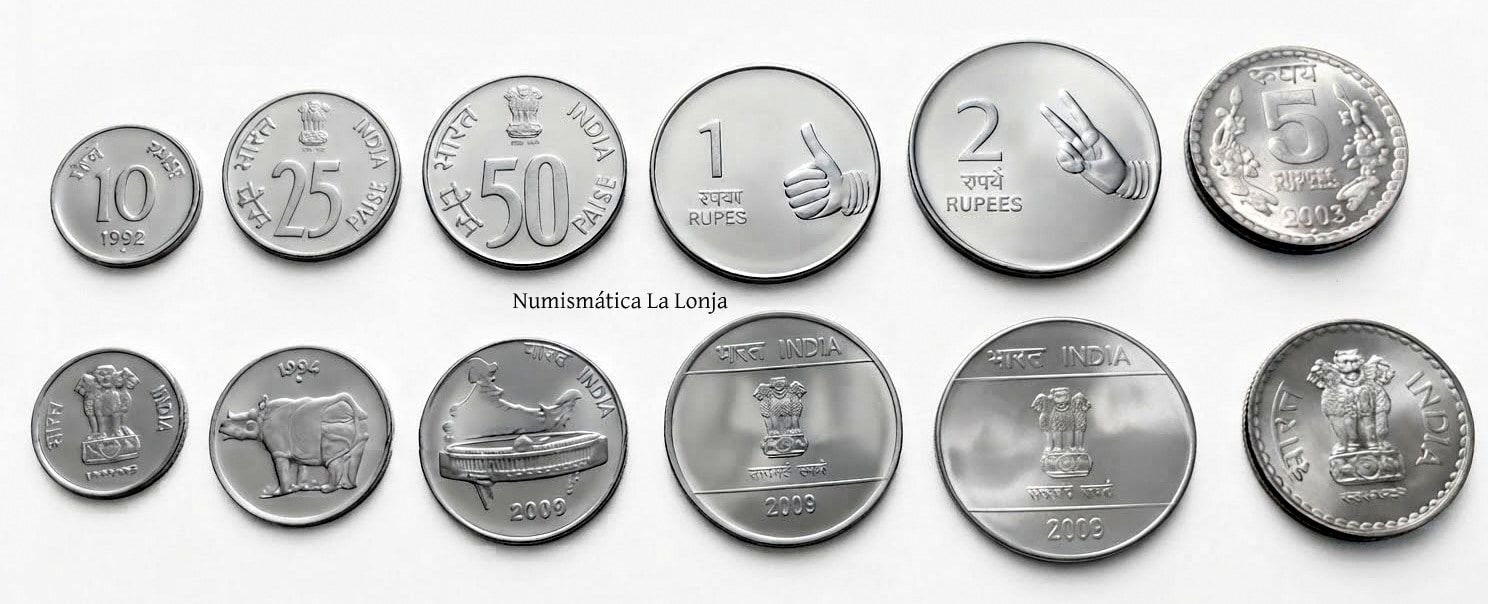 India Set 6 monedas 10 25 50 Paisa 1 2 5 Rupees 1992-2009 Sc Unc