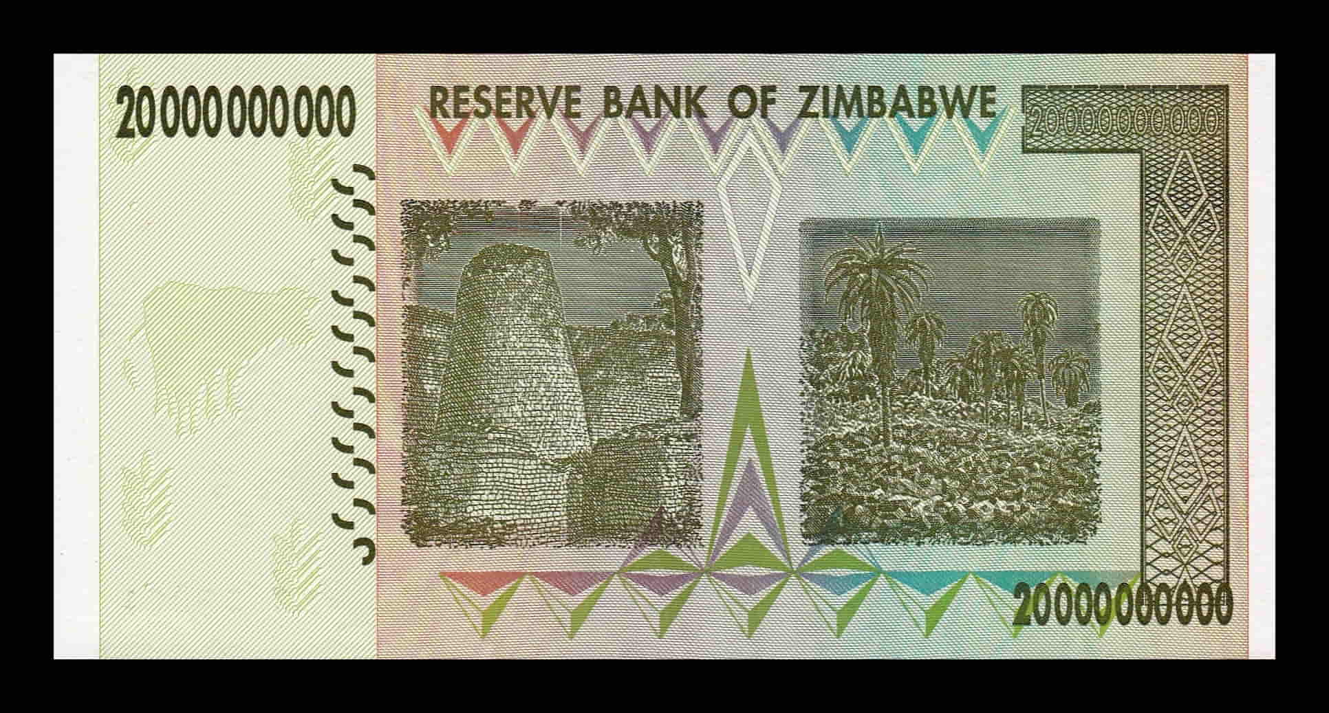 Alternative view of Zimbabwe 20000000000 20 Billones de Dólares 2008 Pick 86 Sc Unc