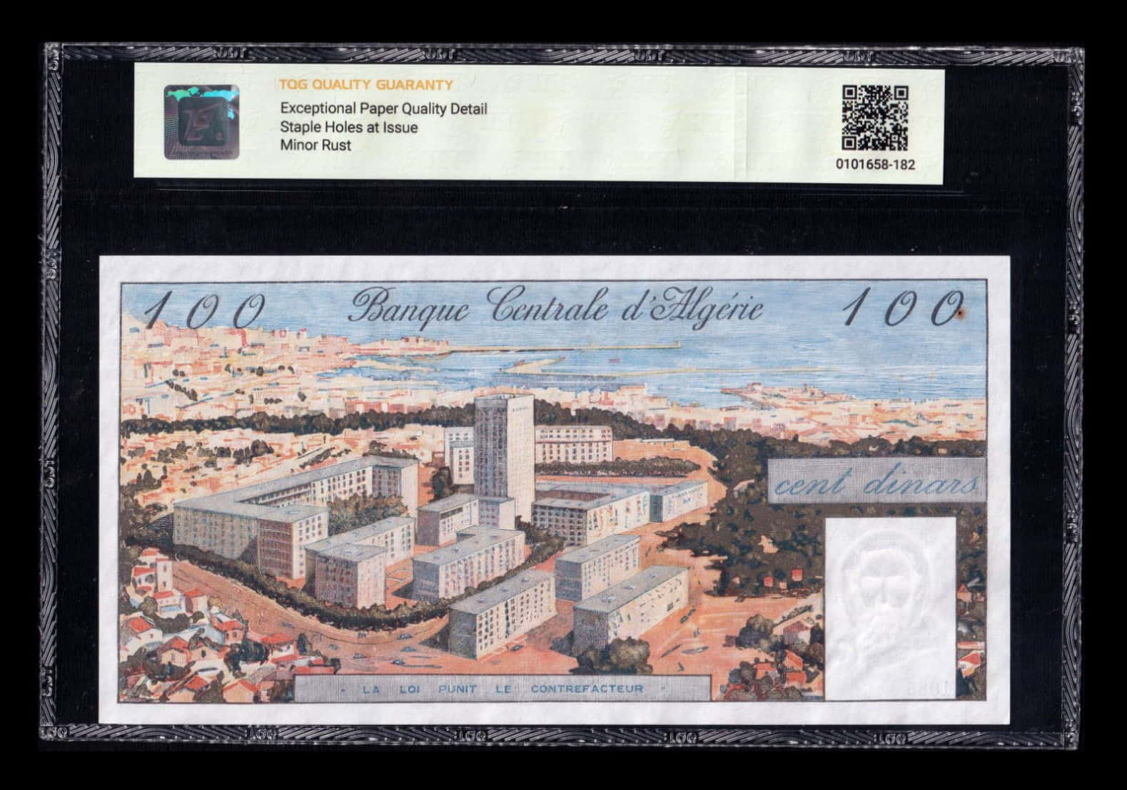 Alternative view of Argelia 100 Dinares 1964 Pick 125a TQG 66 EPQD Sc Unc