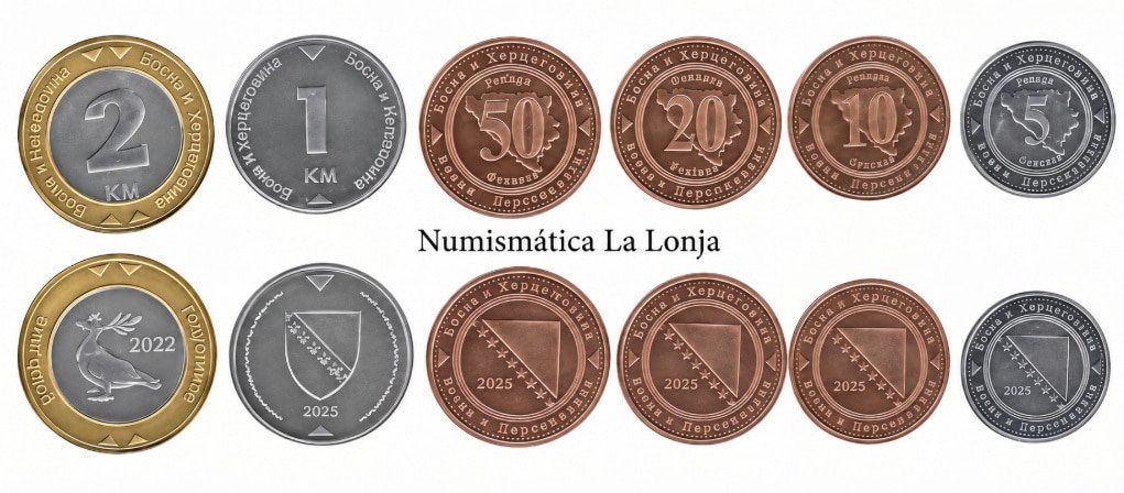 Bosnia Herzegovina Set 6 monedas 5 10 20 50 Feninga 1 2 Konvertible Maraka 2022-2025 Km 115-121 Sc Unc