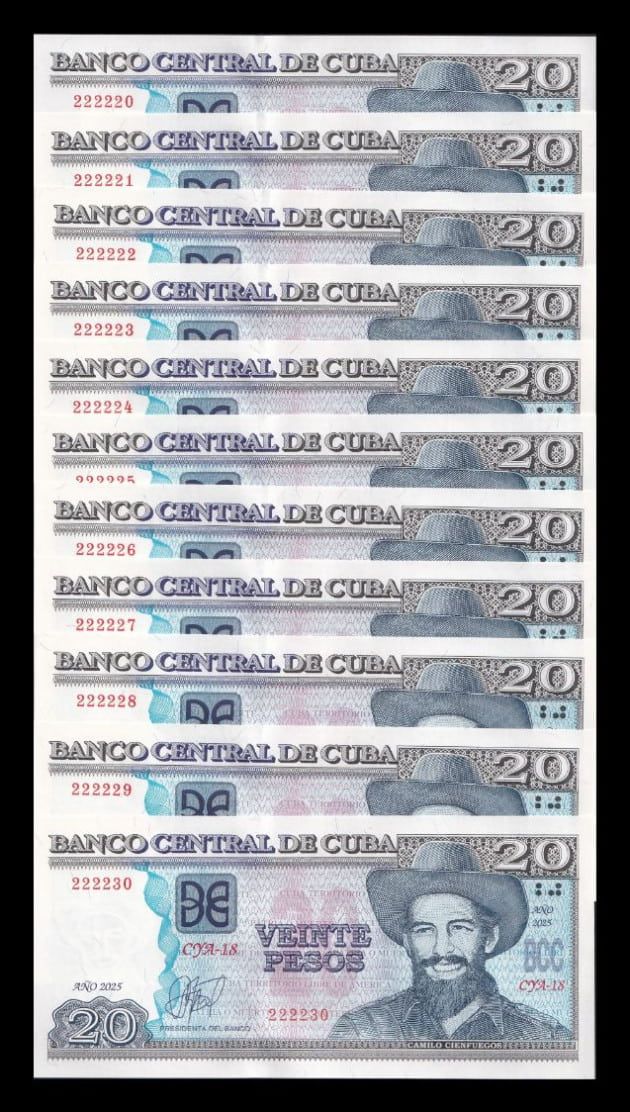 Cuba Lote 11 billetes 20 Pesos Camilo Cienfuegos 2025 Pick 122p Nuevo Capicua Sólido Sc Unc