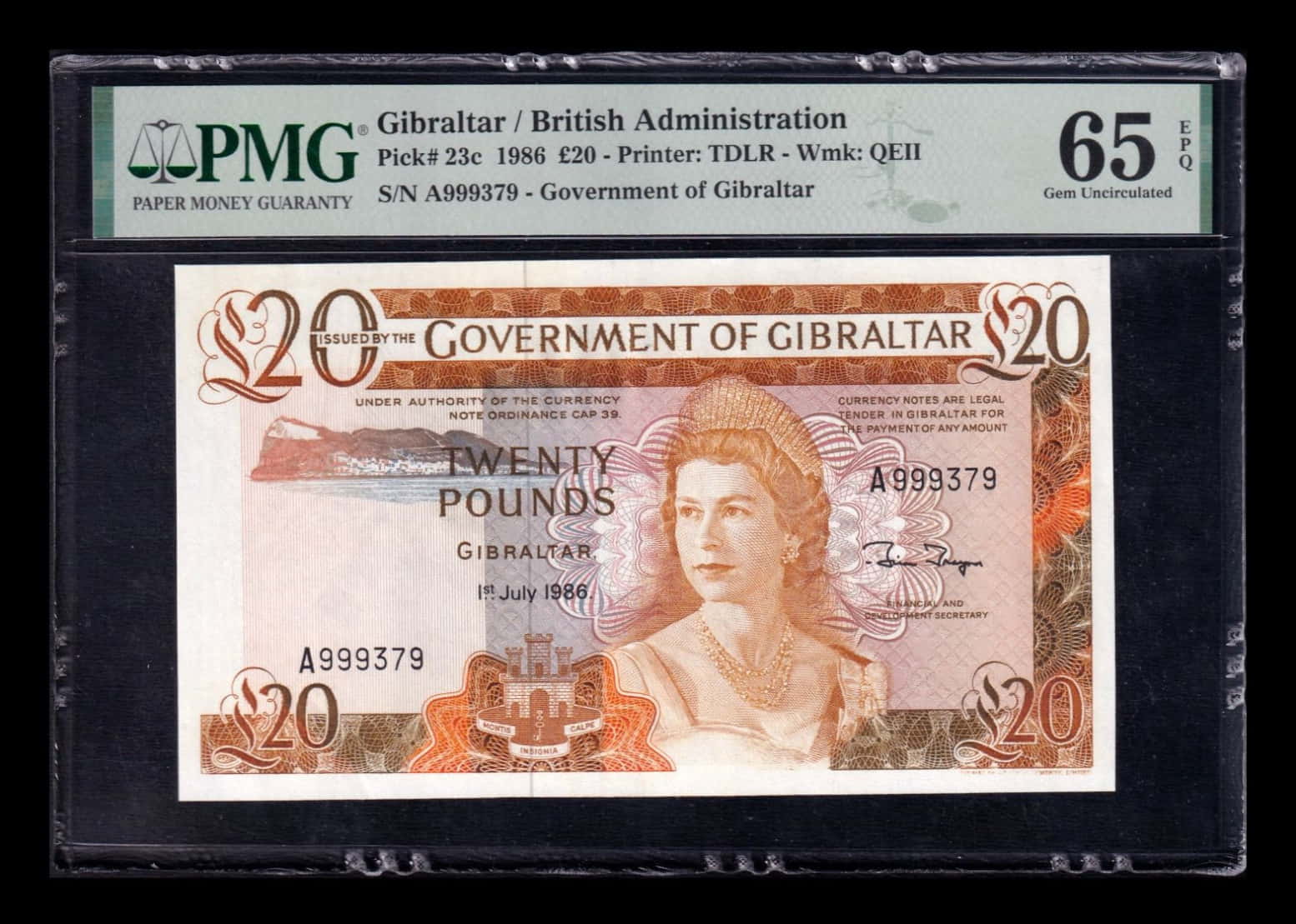 Gibraltar 20 Libras Elizabeth II 1986 Pick 23c PMG 65 EPQ Sc Unc