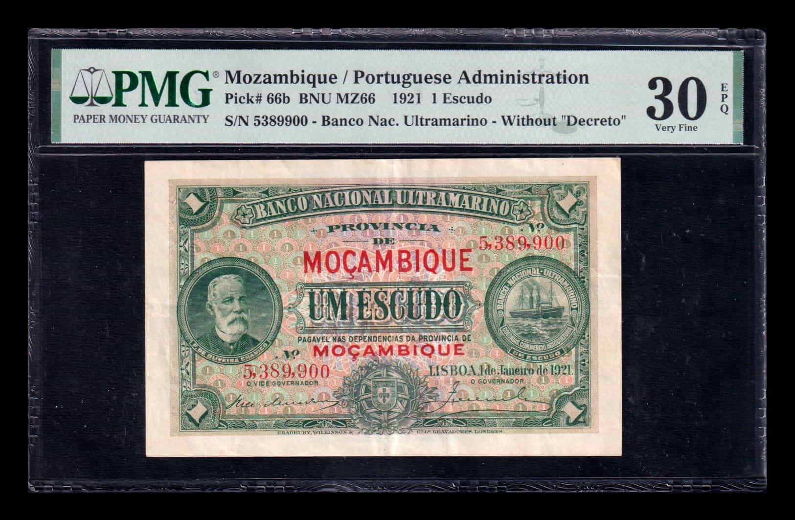 Mozambique 1 Escudo Francisco de Oliveira 1921 Pick 66b PMG 30 EPQ Mbc Vf